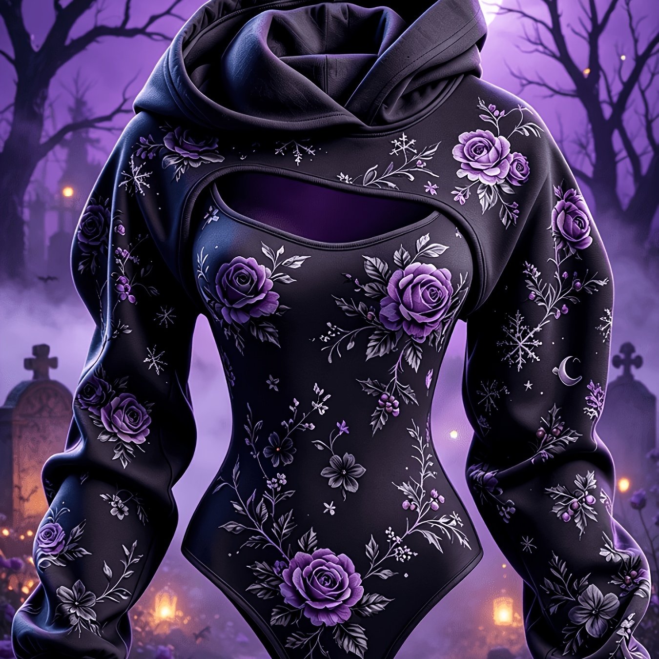 Image of Women's 2pcs Gothic Halloween Costume, Purple Moon And Print Hooded Cape+ Bodysuit Set, Wizard-style Long-sleeve Role-playing Party Nightclub Outfit Hooded Bodysuit Top