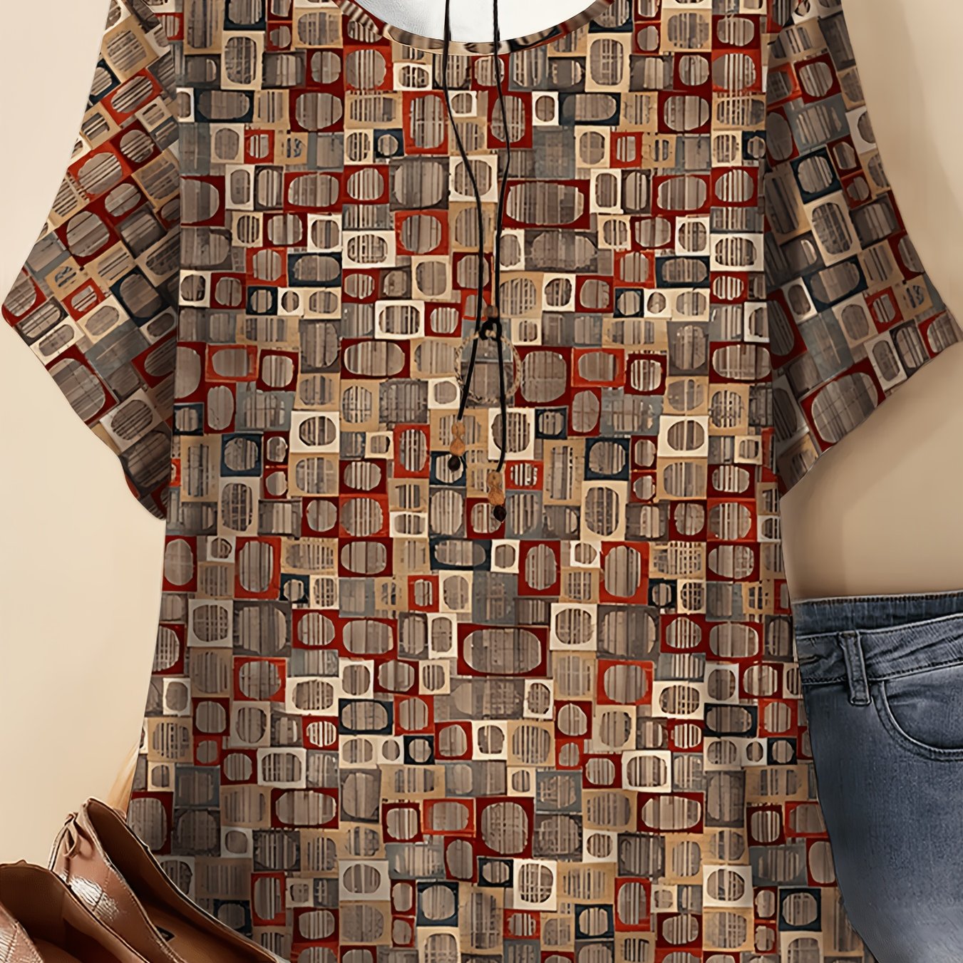 TEMU Geometric Pattern Short Sleeve Top, Women's Round Neck Casual Printed T-shirt, Summer Fashion