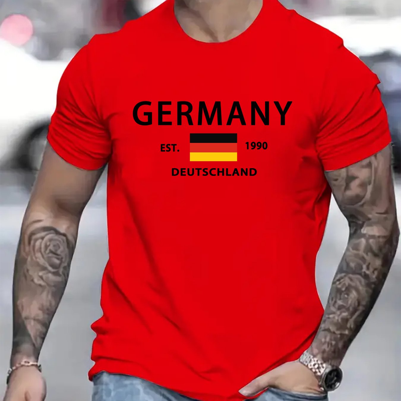 TEMU Germany Est 1990 Printed, Men's Round Neck Short Sleeved T-shirt, Casual, Comfortable And Lightweight Top For Summer Daily Wear