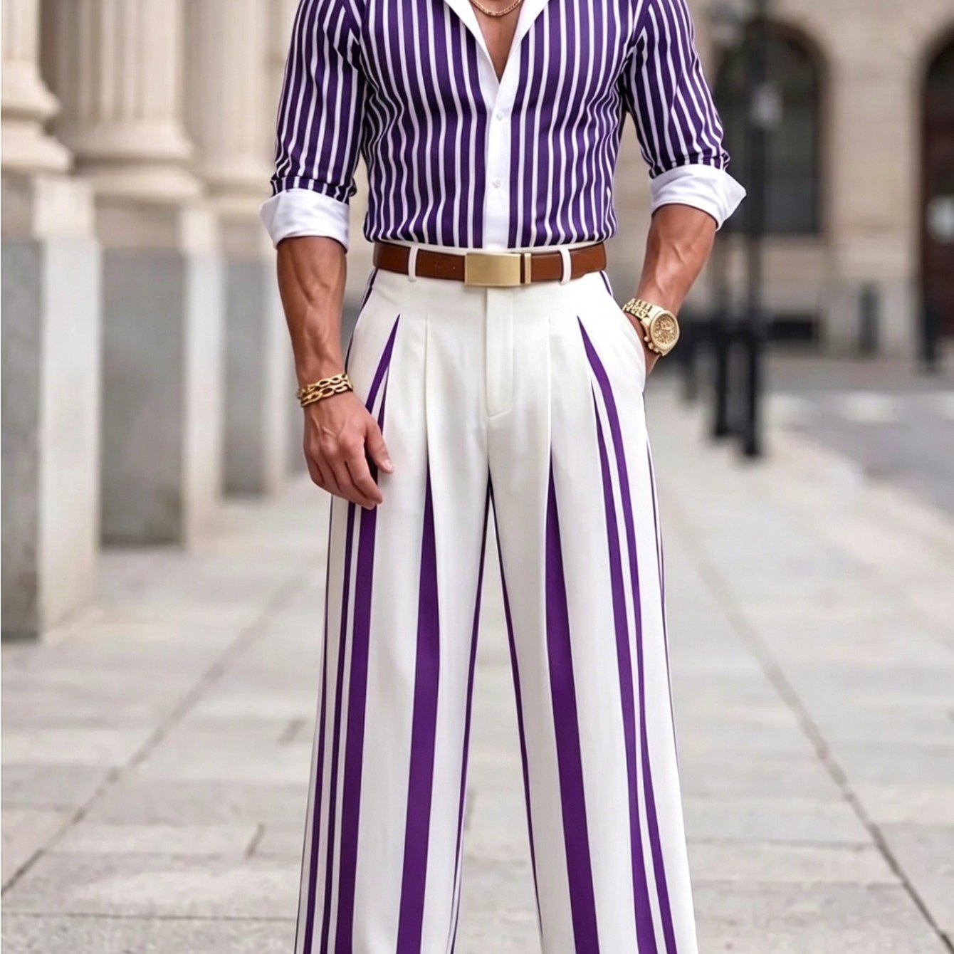 Image of Men's 2pcs Striped Matching Outfit Long Sleeve Button Shirt Pleated Wide Leg Dress Pants Business Casual Vacation Suit Set