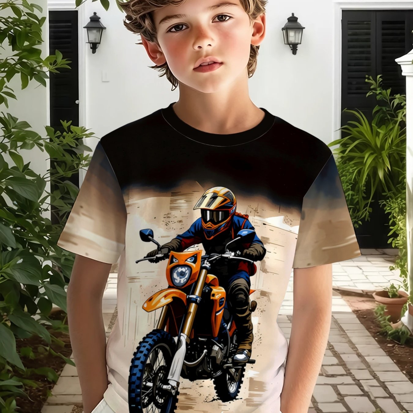 TEMU Boys' Outdoor Casual Sports Round Neck Short Sleeve T-shirt, Off-road Motorcycle Pattern Printed T-shirt, Comfortable And Breathable Fabric,