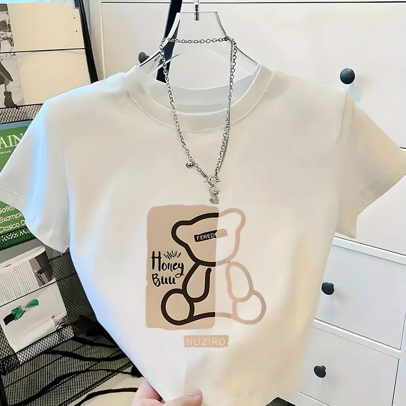 TEMU Camiseta Y2K entallada para mujer - Top de manga corta y cuello con estampado geométrico y elasticidad media - No para ropa casual de /verano,