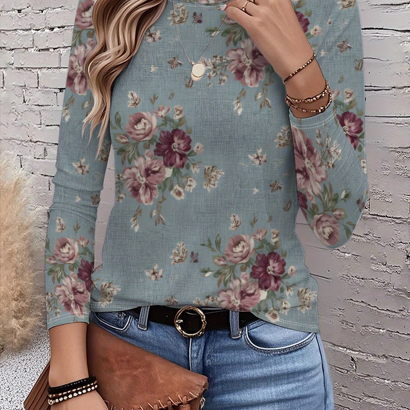 TEMU Vintage Elegant Design Versatile Floral Print Niche Floral Autumn Winter New Arrival Full-body Fashion Trendy Women's Neck Long Sleeve