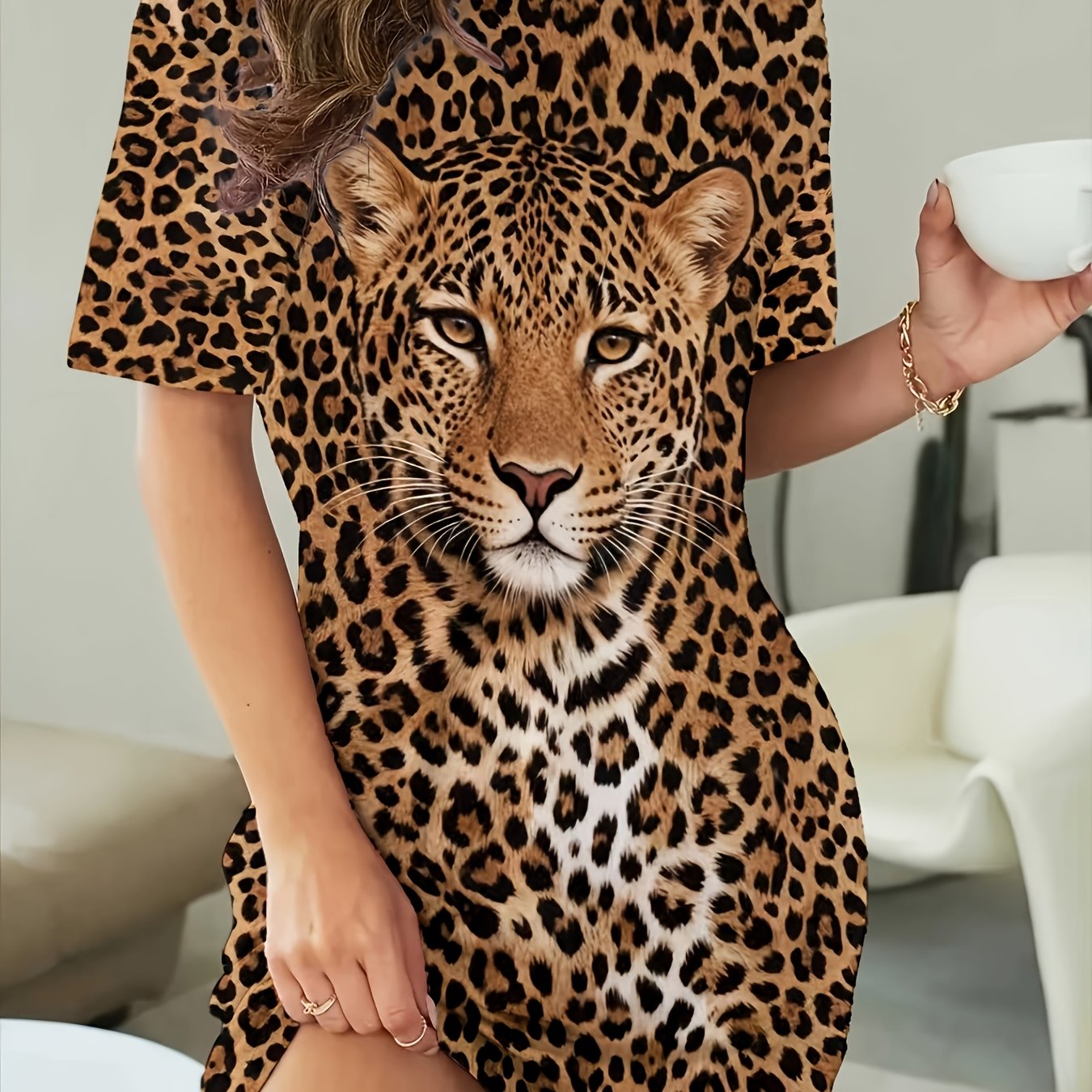 Women's Plus Size Leopard Print T-shirt Nightgown With Leopard Head Casual Sleepwear
