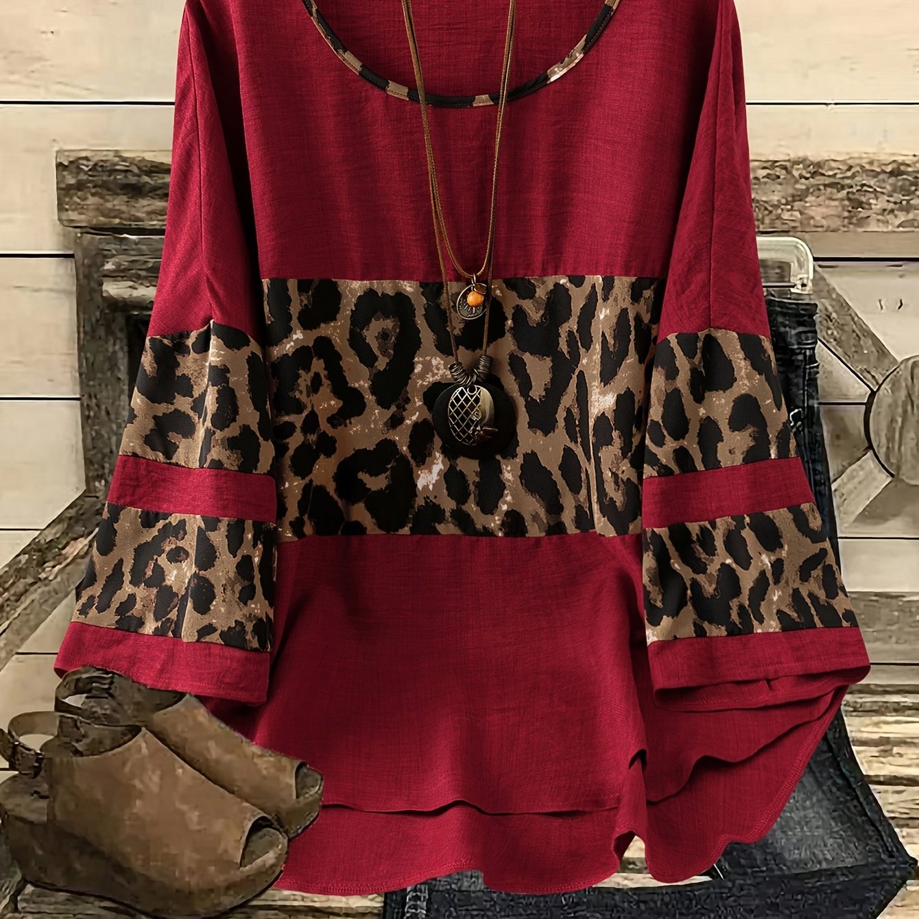 TEMU Plus Size - Plus Size - Western Spring/summer New Random Print Random Trim Color-block Round Neck Elegant Casual All-match Top Blouse (additions