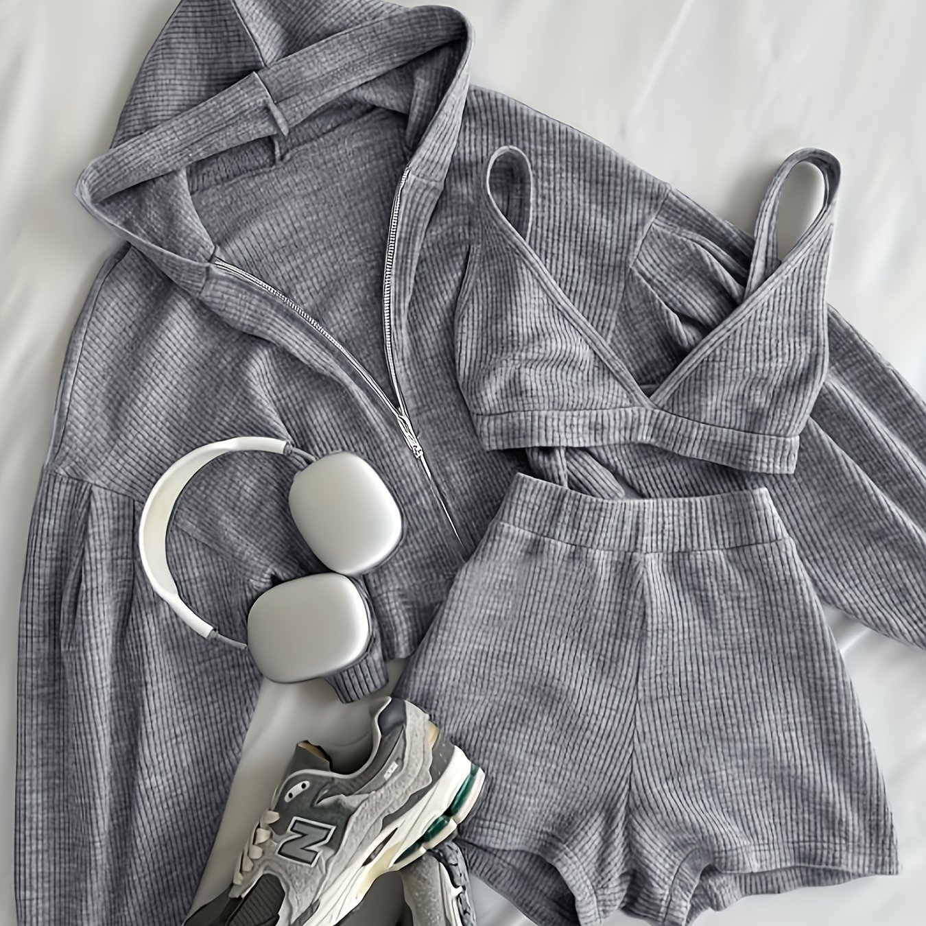 Image of Women's Y Casual 3 - Piece Set: Hooded Zip - Up Jacket, Cross - Strap Crop Top & Shorts, In Grey Ribbed Fabric Ll168