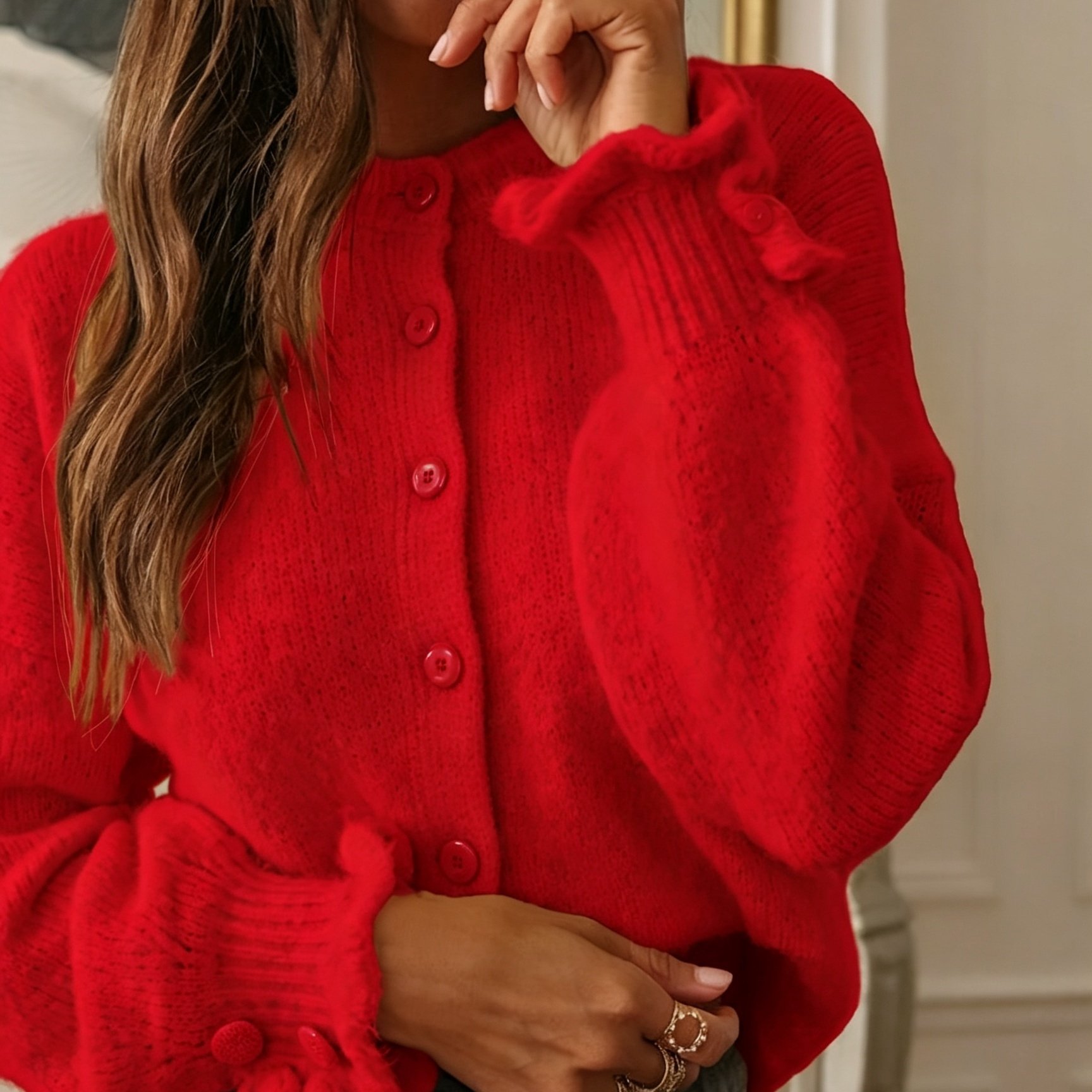 TEMU Cardigan pull uni d'automne/hiver avec poignets en dentelle à volants, tenue décontractée, cardigan pull avec de bouton
