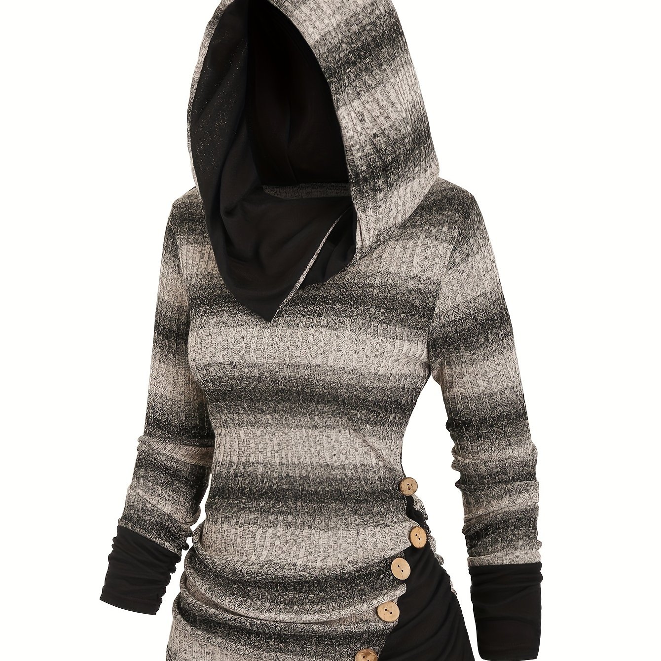 Women's Striped Print Hoodie With Side And Buttons, Casual Top