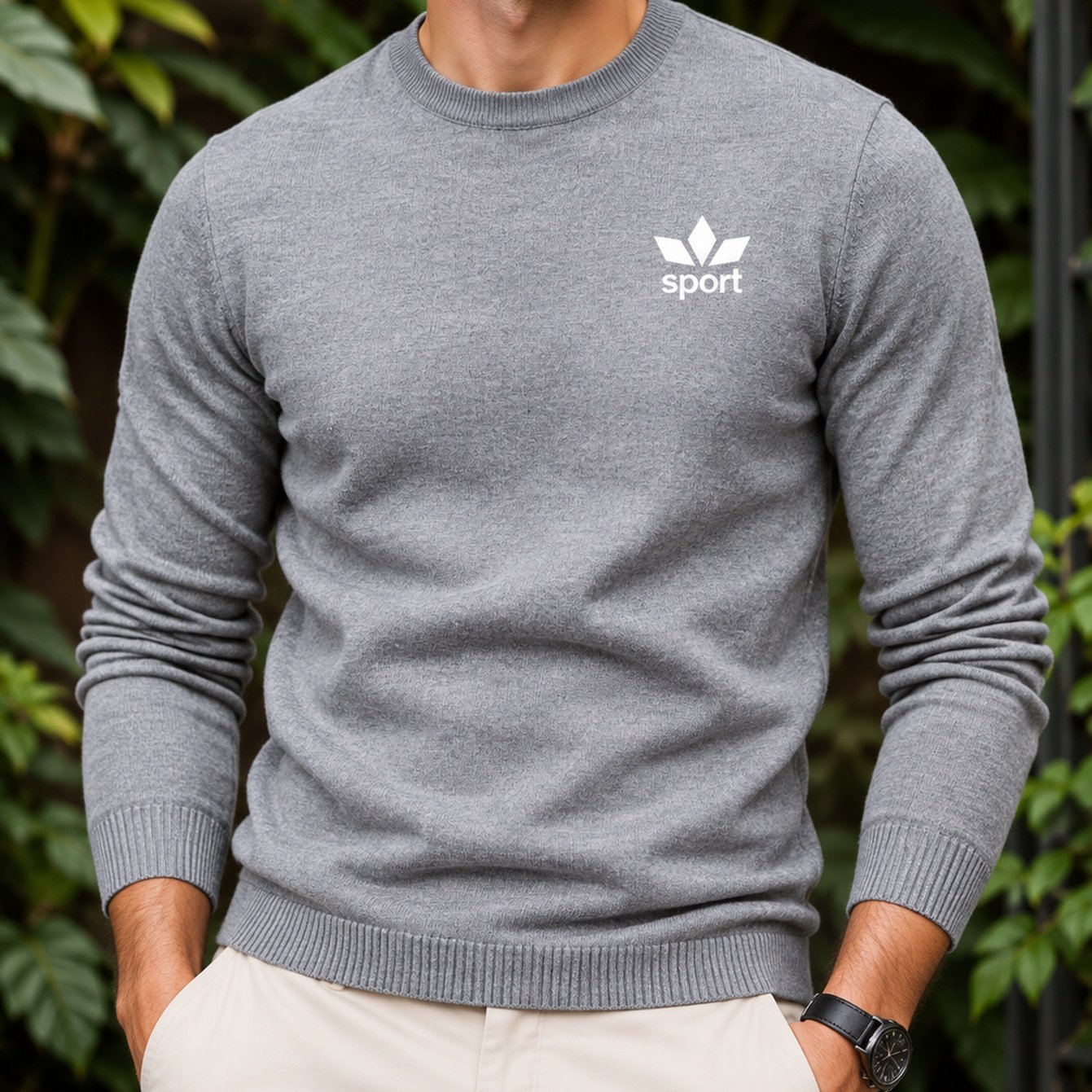 Image of Aw26 Autumn/winter Men's Wine Red Crew Neck Knit Sweater, Simple Sporty Print Pullover, Slim Fit Long Sleeve Casual Top