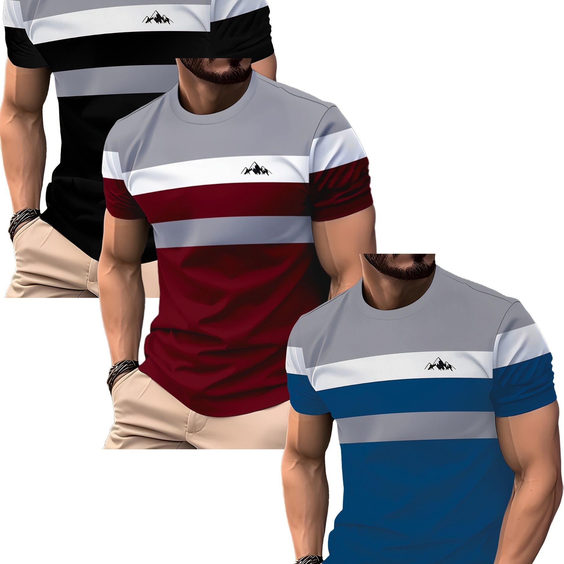 TEMU [printed Design - Not Textured] 3pcs Men' Mountain Graphic T-shirt Set - Short Sleeve, Round Neck, Casual Summer Outdoor Sportswear, Stretchy