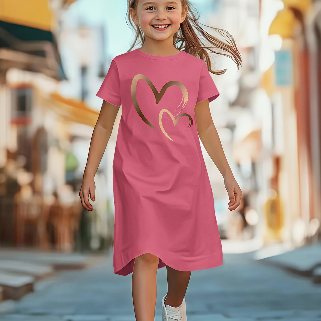 Image of Girls' Summer Short-sleeved Dress With Trendy And Fashionable Heart-patterned Print, Trendy And Comfortable Short-sleeved Dress