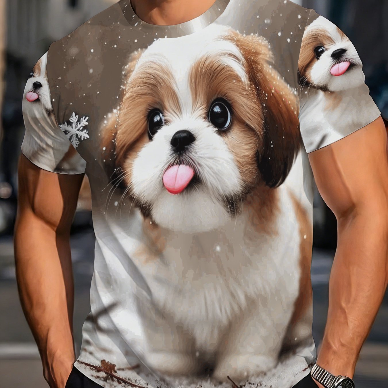 TEMU Cute Shih Tzu Pattern T-shirt, Adorable Puppy Print Top, Winter Snow Scene Puppy Design Short Sleeve, Pet Theme Tee