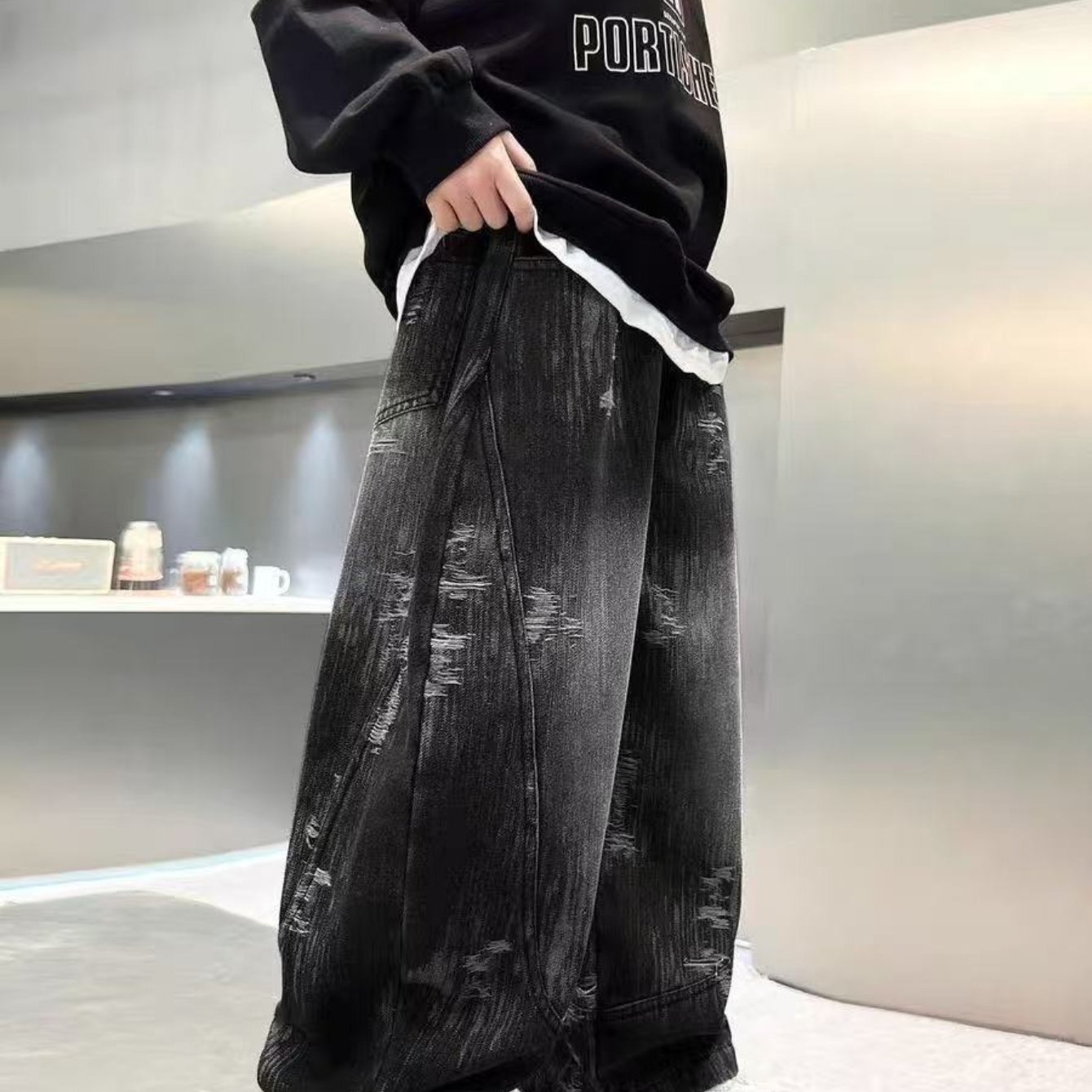 Image of Spring Autumn Boys Ripped Distressed Jeans Loose Wide Leg Curved Trousers Casual Trendy Streetwear Back To School Holiday Pants Thoughtful Kids Gift Suitable For Occasions