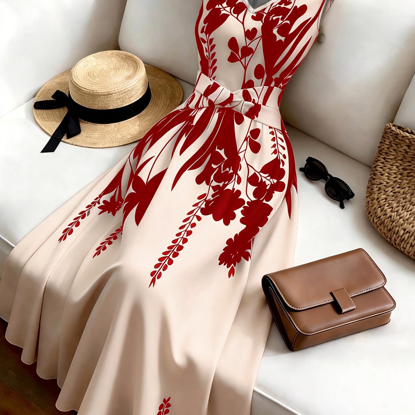 TEMU Women's Fashionable Casual Sleeveless Simple Printed Dress, Waist-cinching Flared Skirt, Suitable For Summer , Spring-summer Commuting, Home,