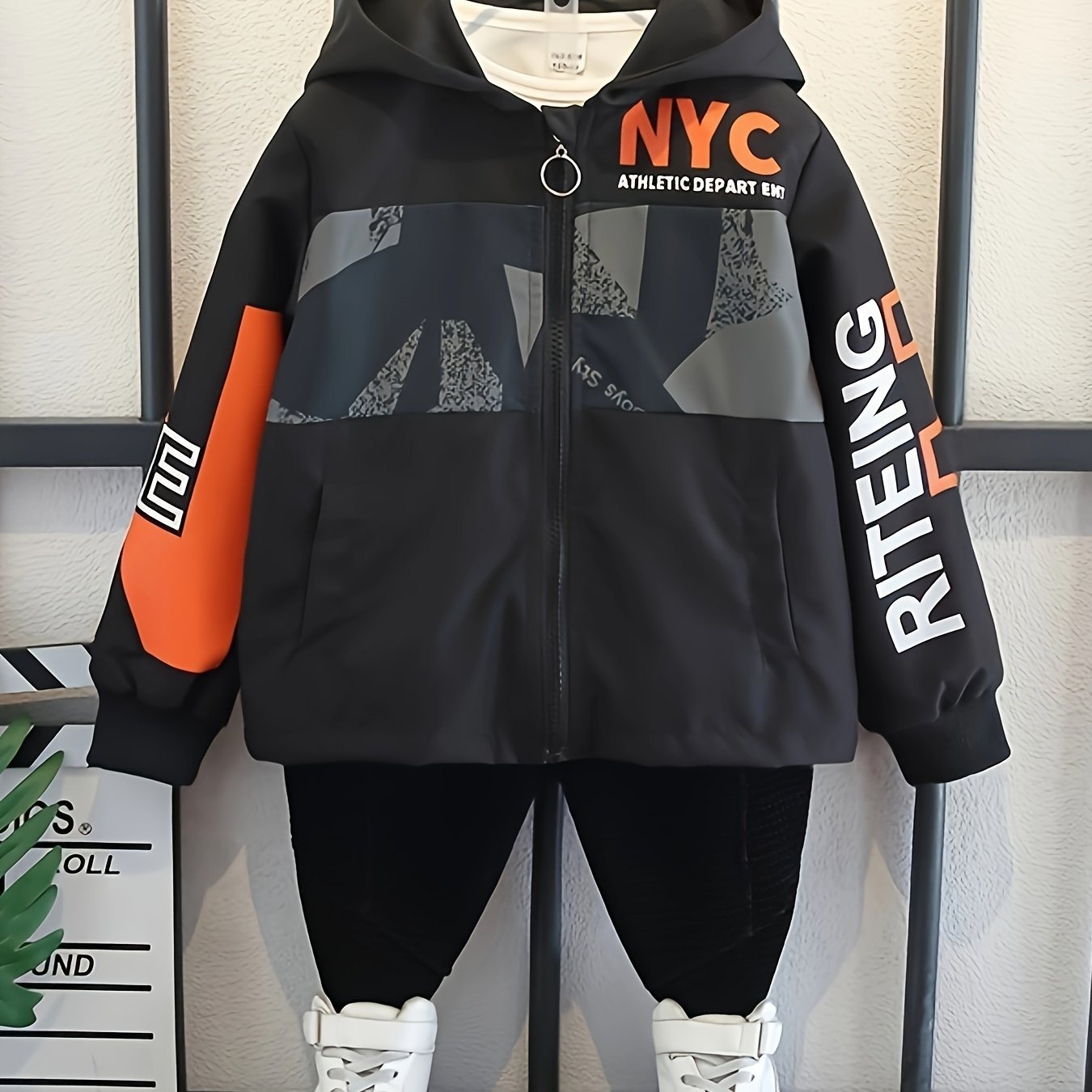 Image of Boys' Coat, Older Size, Number Print Cool Hooded Trench Coat, Korean Style Loose Casual Cardigan Jacket, Spring/autumn Wear