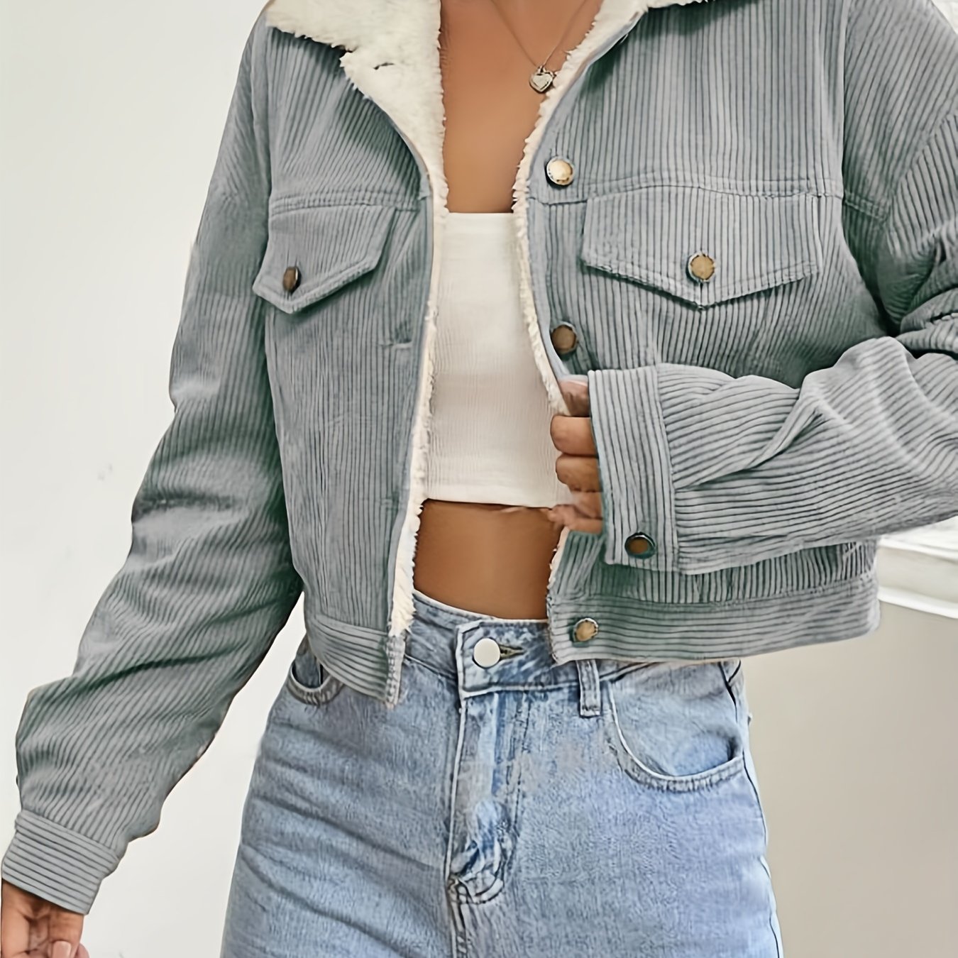 E-shop Damen Cordjacke und Lammfelljacke für Herbst und Winter, mit Fleecekragen, vielseitige warme Oberteil im koreanischen Stil