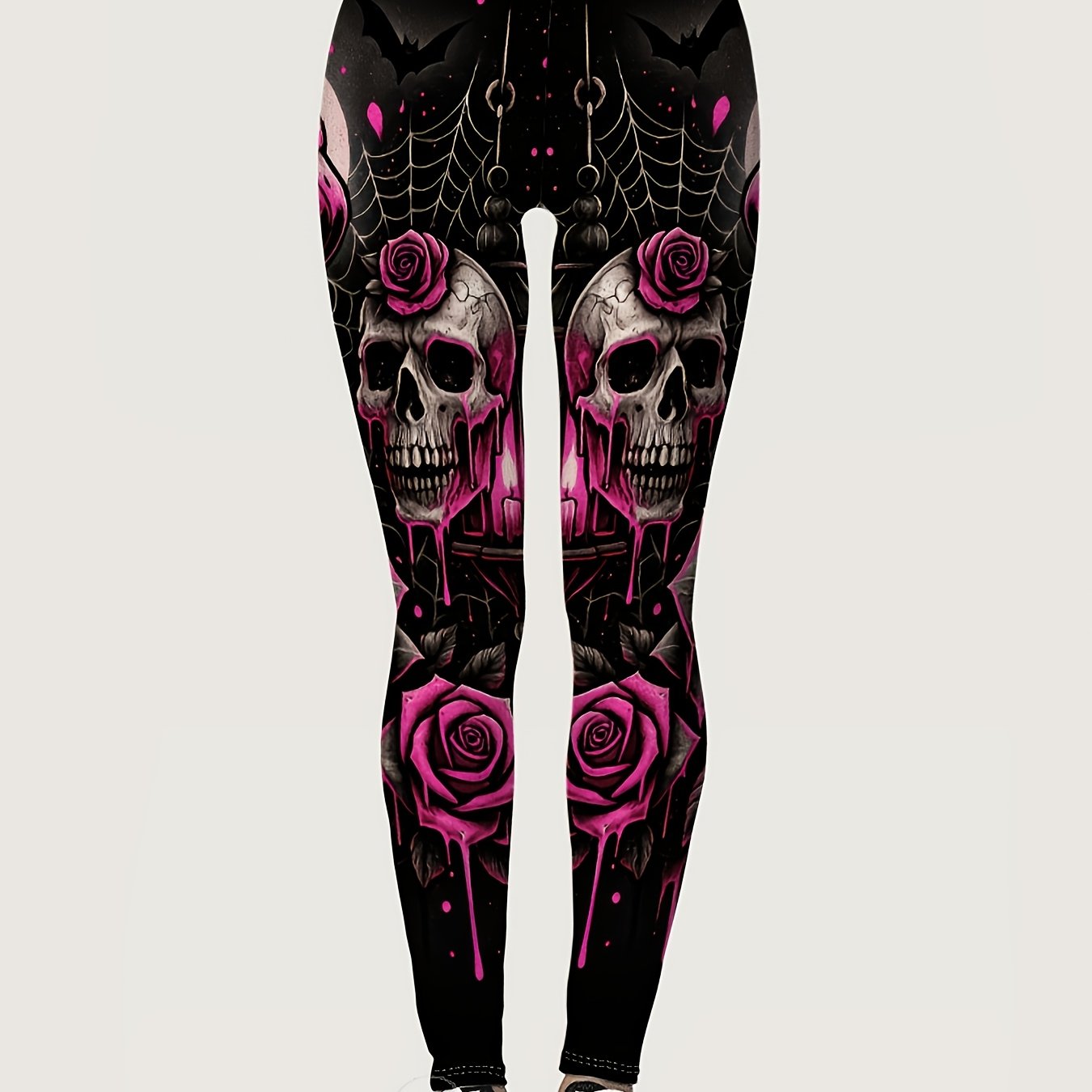 TEMU Women's Halloween Skull Rose Bat Print Leggings, High Waist Stretch Gothic Pants, Black-pink Allover Print, Slim Fit, Trendy For Daily, Party &