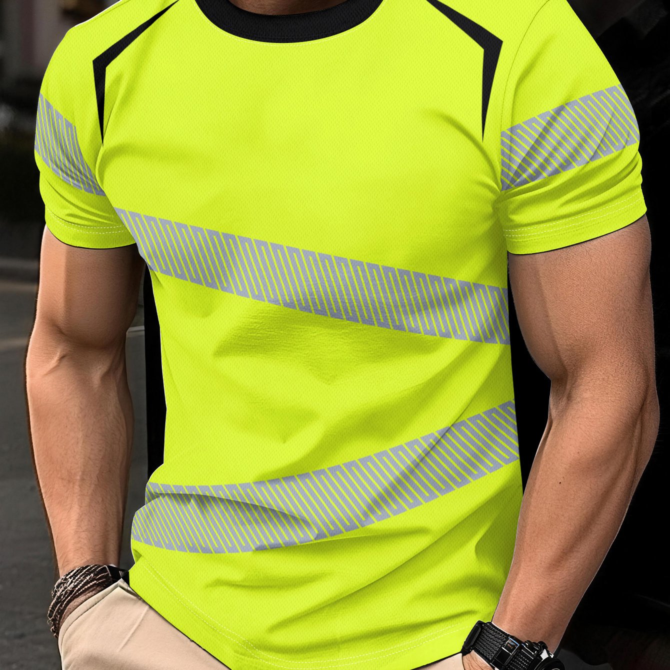 TEMU Men's Casual Sporty Diagonal Stripe Print Crew Neck Short Sleeve T-shirt, In Neon Green And Orange, Lightweight And Breathable Fabric Suitable