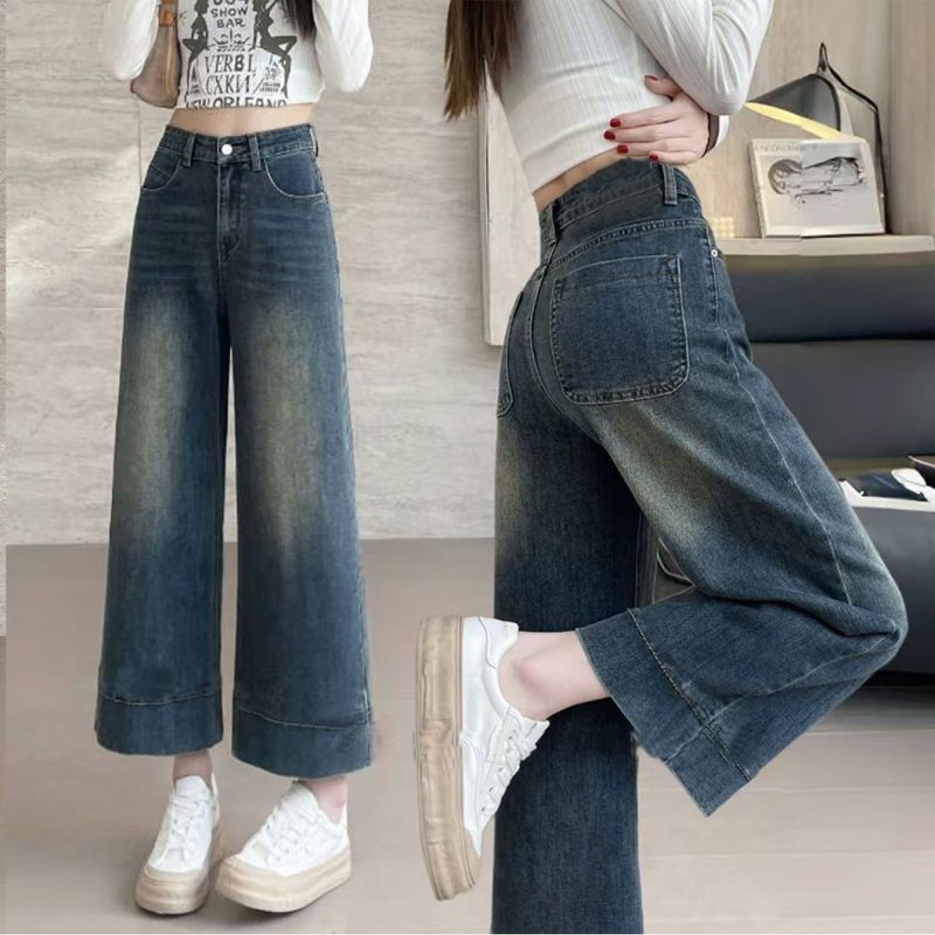 TEMU レディース ハイウエスト ワイドレッグ ジーンズパンツ - レトロヴィンテージ ストレートレッグ ワイドパンツ プチサイズ対応 ルーズフィット 付き オール着用 カジュアル＆ドレッシーコーデ ( レトロジーンズ)