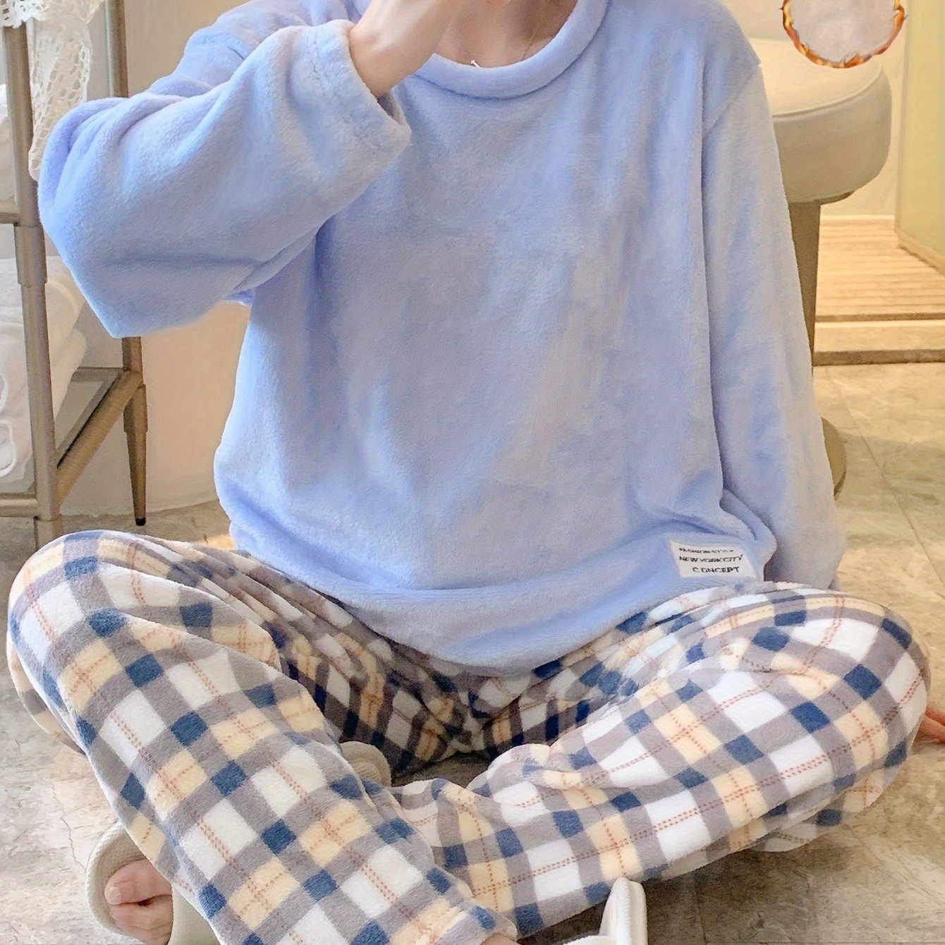 TEMU Winter Warm Pattern Pajama Set, Women's Casual Wear Outfit