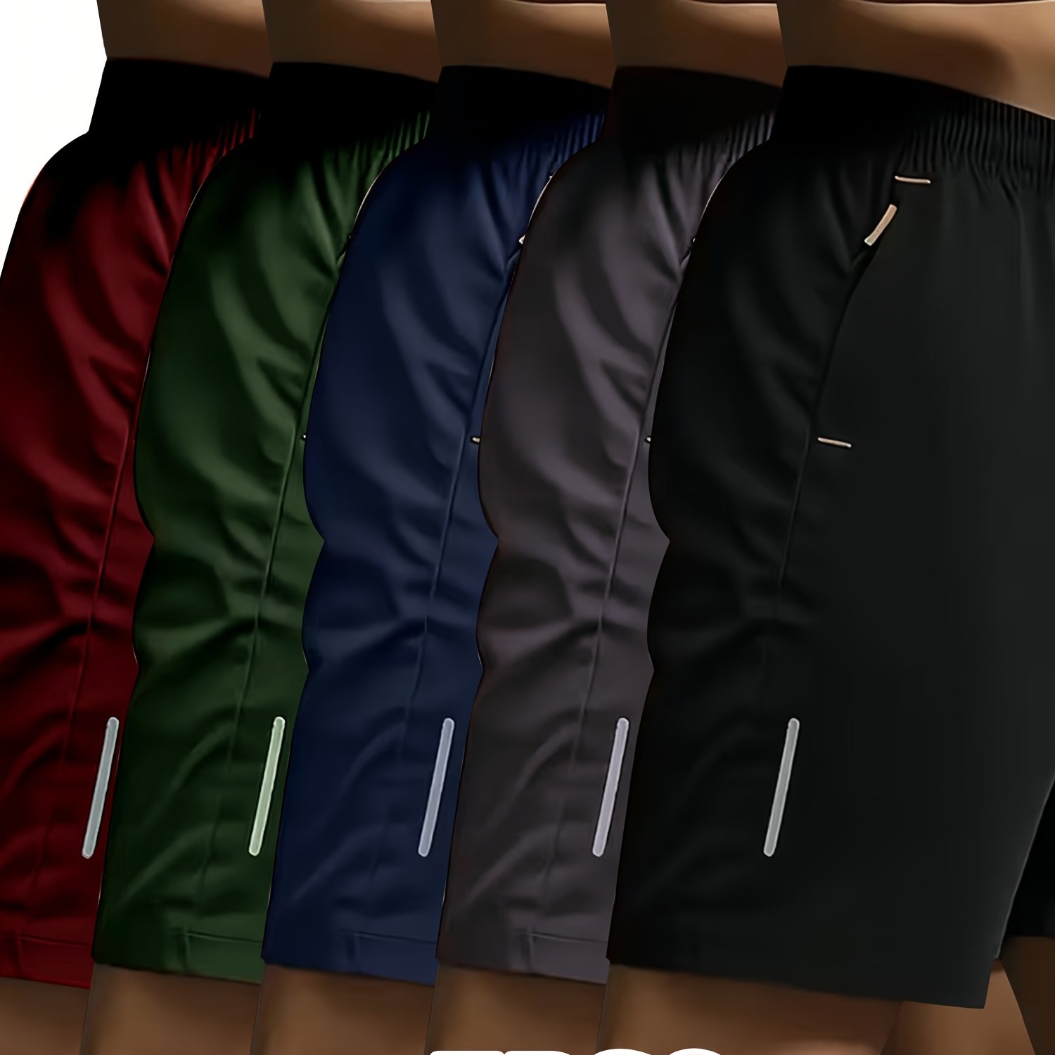 TEMU Lot de 5 shorts décontractés de sport pour homme , gris, bleu marine, vert armée et bordeaux. Motif à bande réfléchissante, poches à fermeture