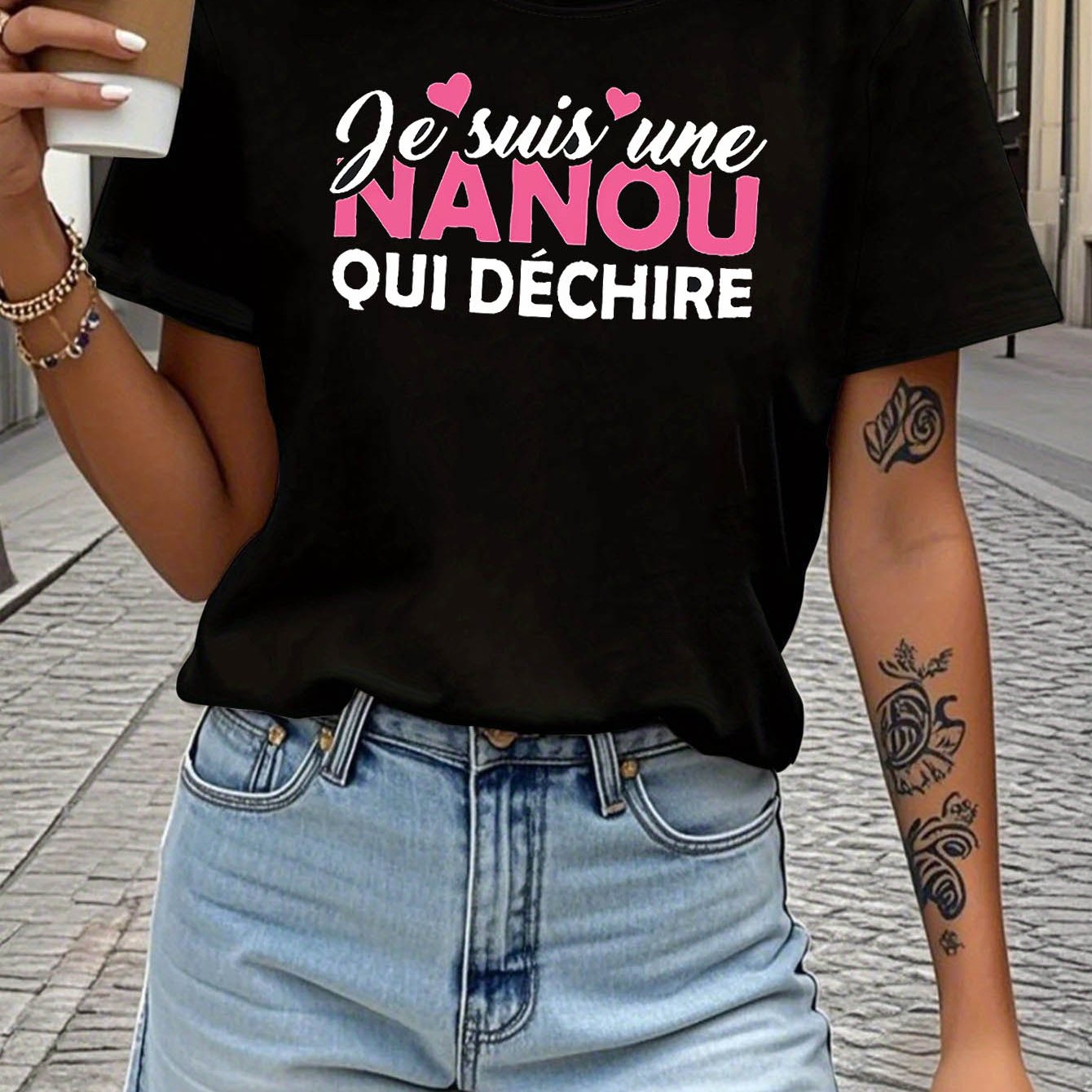 TEMU T-shirt pour femme sur le thème French Cool - Décor à slogan rose et blanc, manches courtes décontractées, haut de rue et élégant pour femme