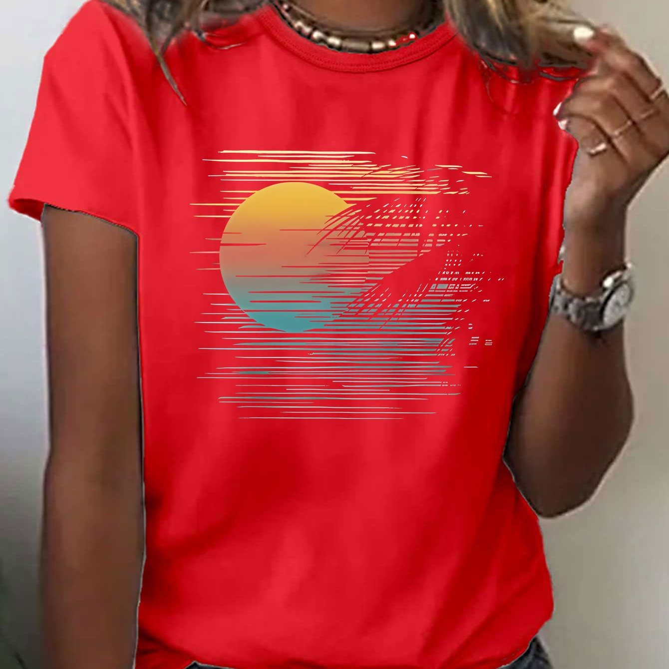 E-shop Atmosphärisches Gefühl Sonnenuntergang Druck T-Shirt, Sommer Frühling Kurzarm Rundhals Casual Top, Damen