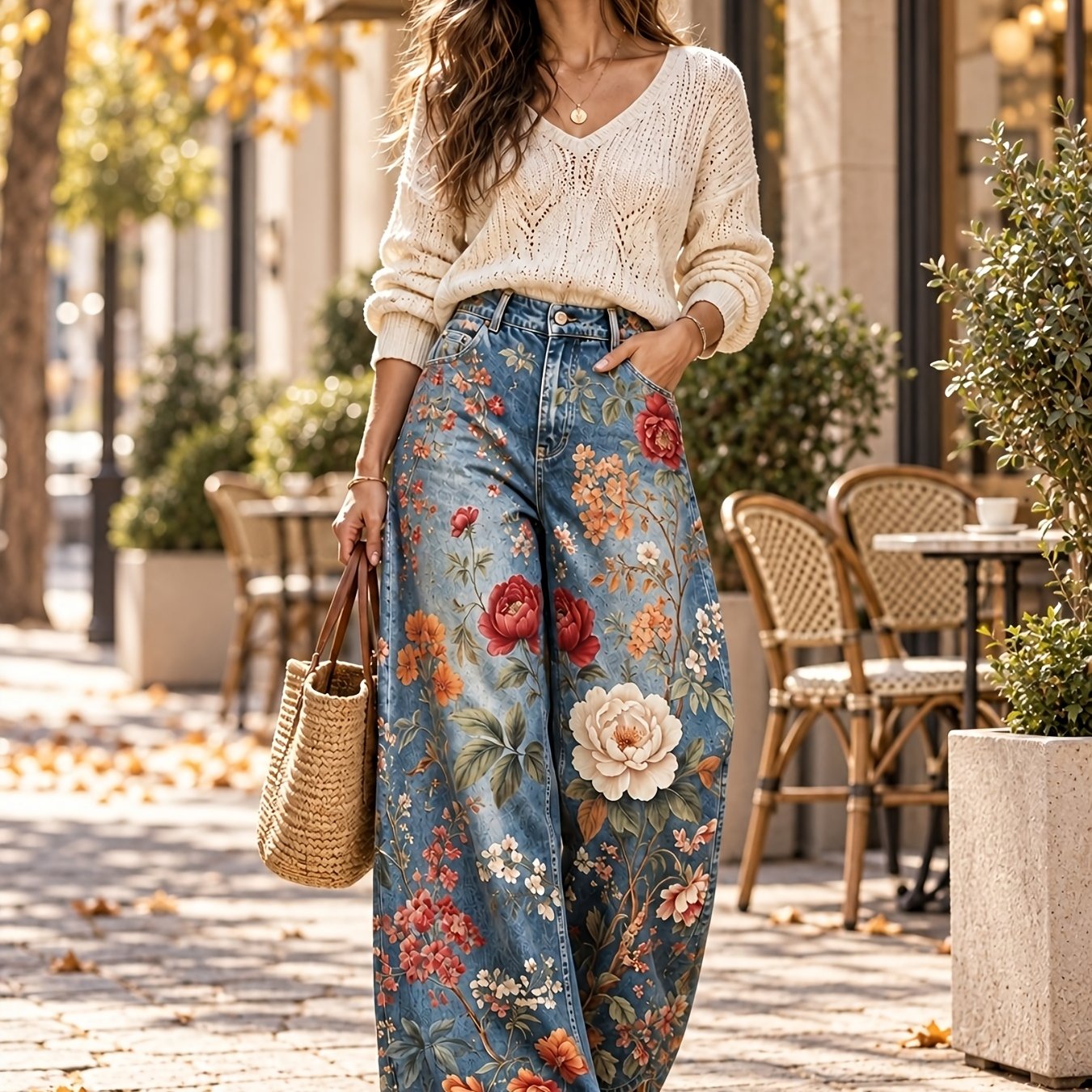 Plus-size Women's Autumn Jeans, Loose-fitting High-waist Casual Trousers, Bohemian Print Wide-leg Pants, Suitable For Daily Commutes, Halloween, Christmas, And Other Occasions