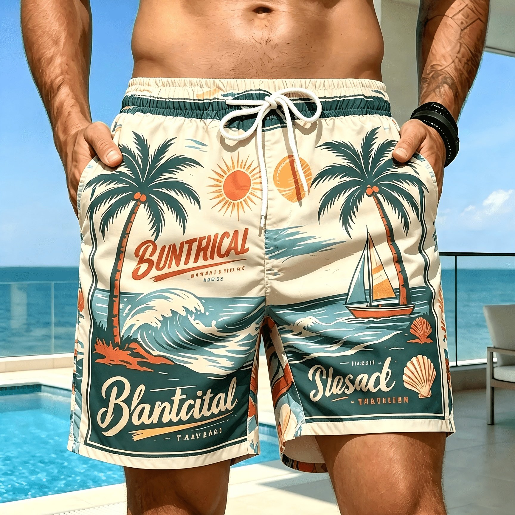 TEMU Men's Lightweight Quick-dry Beach Shorts For Summer, Printed With Island And Coconut Tree Patterns, Elastic Drawstring Loose-fit Knee-length