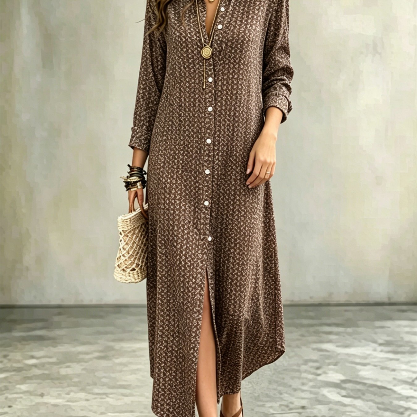 Women Brown Tiny Floral Print Dress Lapel Split Loose Long Dress Office Casual Summer Dresses