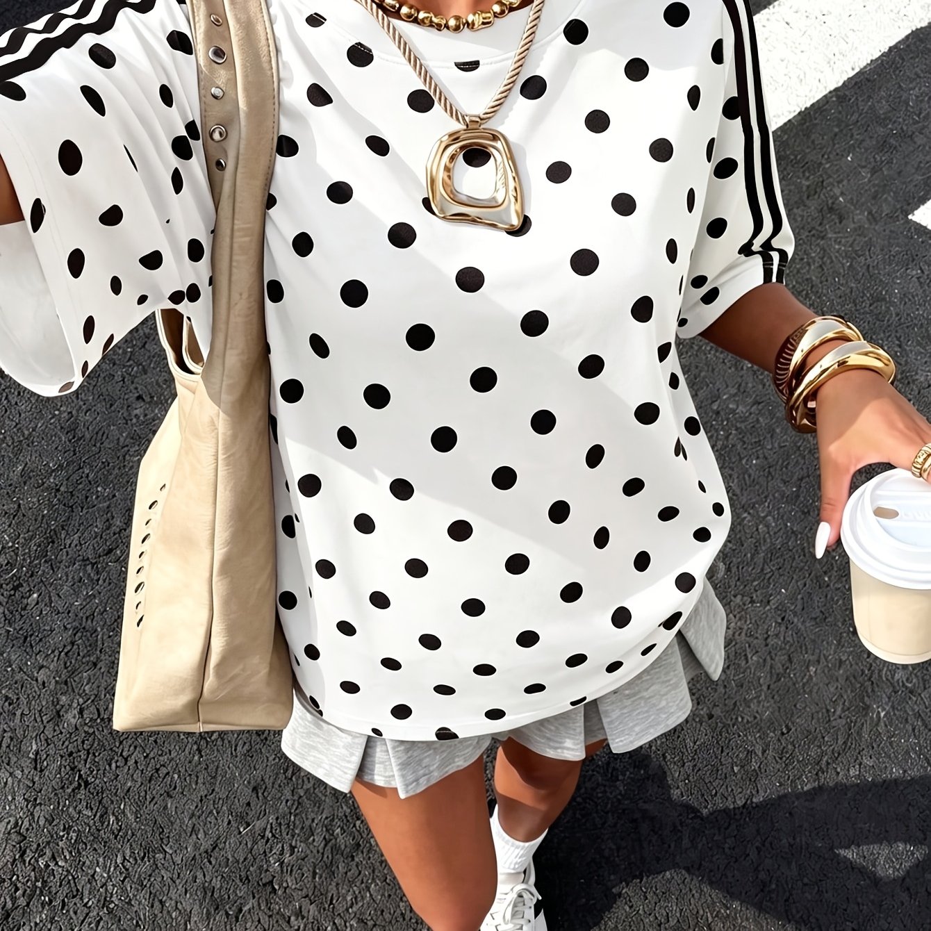 TEMU Women's Polka Dot Short-sleeve T-shirt - Opaque Round Dot Top With Medium Stretch Suitable For Outdoor, Streetwear & Y2k Style, Machine Washable