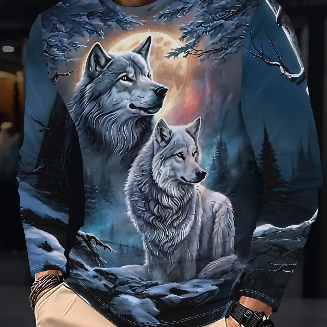 TEMU Men's Long Sleeve T-shirt, Night Wolf Totem Base Layer, Crew Neck Pullover, Regular Fit, Machine Washable, Suitable For Daily Casual Wear, Plus