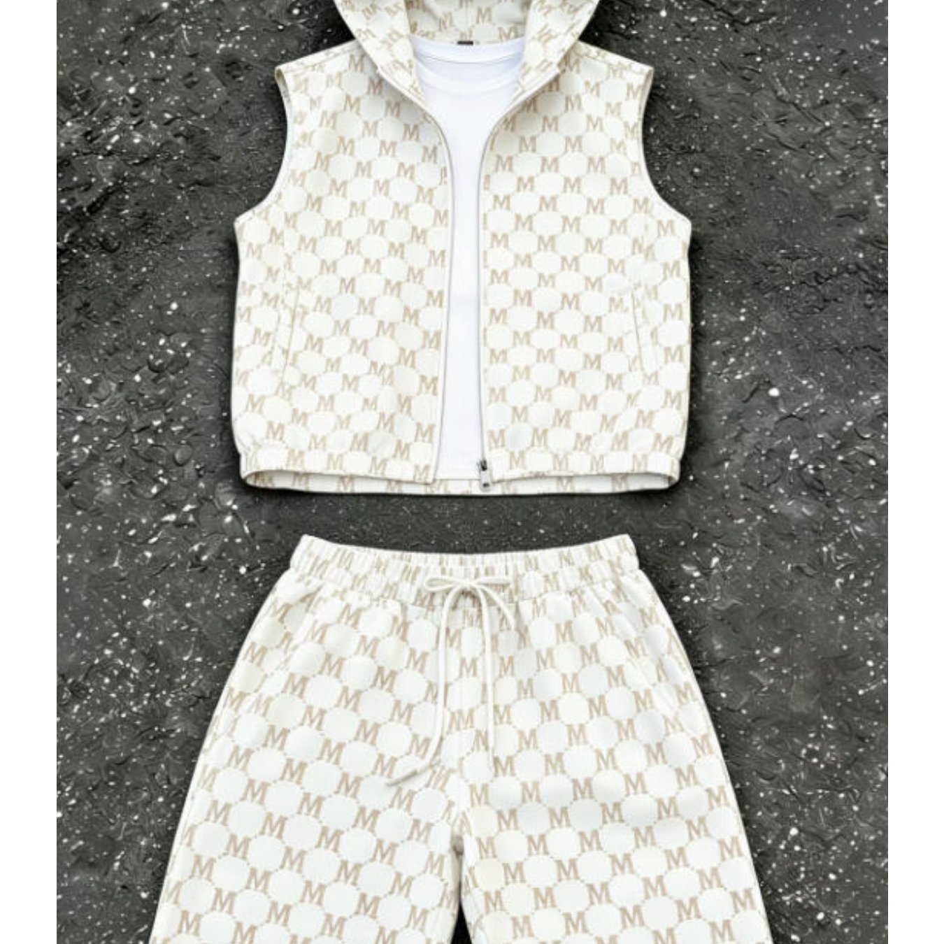 Hooded Men's Outfit Summer Casual Trendy Monogram Print Sleeveless Vest And Drawstring Shorts Set Men's Fashion For Adults Men Street Style Casual Wear