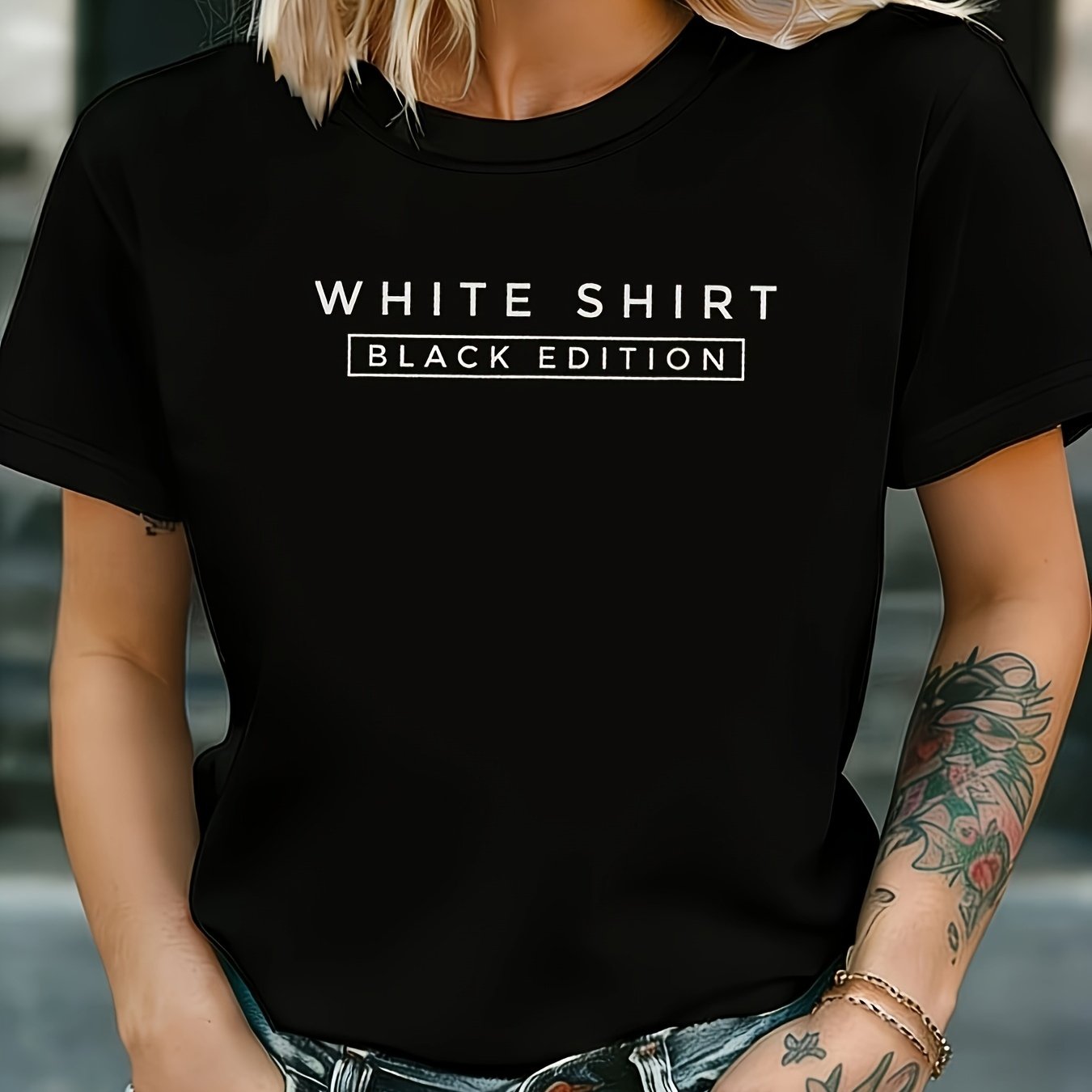 Plus Size - Women's T-shirt, White Shirt Black Edition Edition Text Print, Black Short Sleeve Round Neck Printed T-shirt, Machine Washable, , , Fashionable Design, Everyday Versatile, Soft Fabric