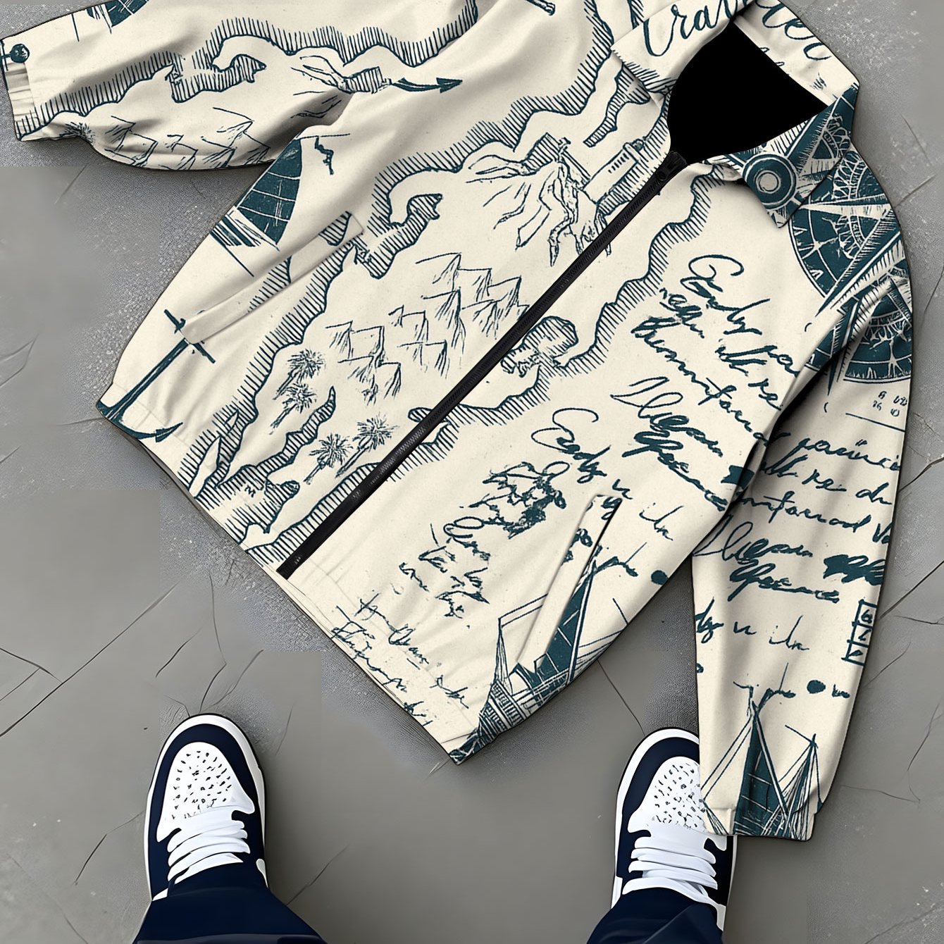 TEMU 's Lapel Jacket, Regular Versatile Short Workwear Jacket, Soft Polyester Casual Men's Jacket Top, Nautical Style Blue And White Anchor Sailboat,