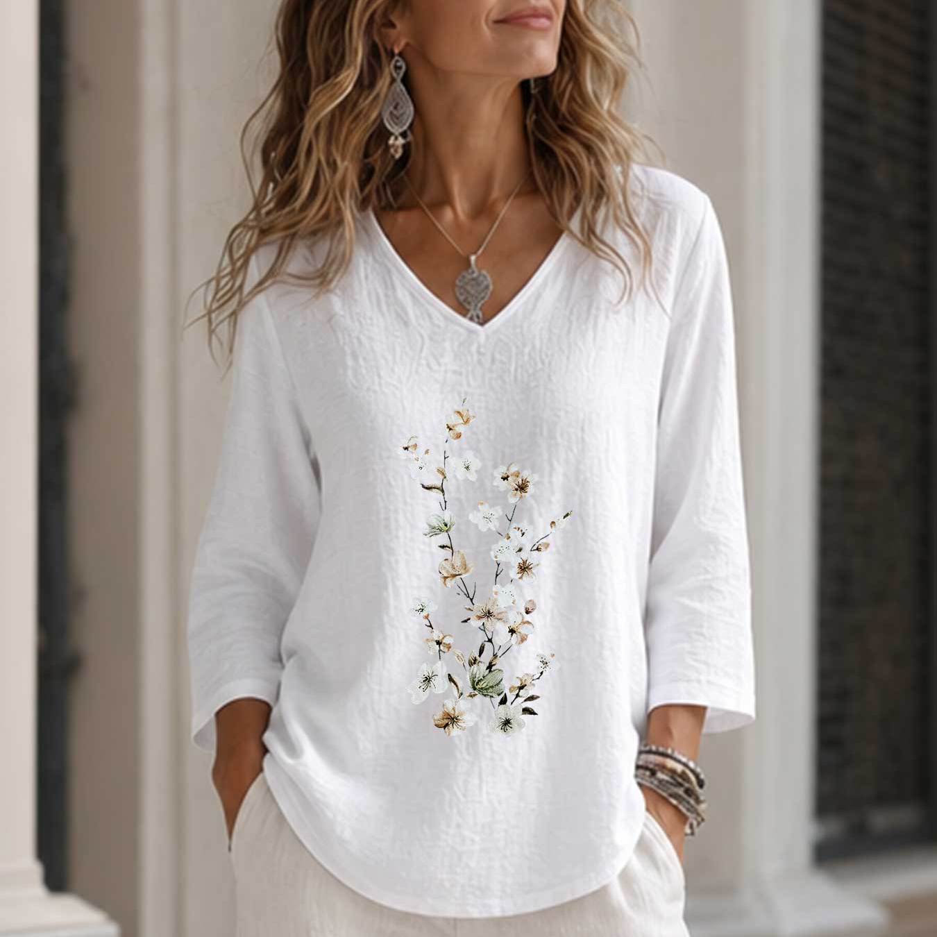 TEMU /summer Women's Vintage Style Cherry And Branch Leaf Print Casual Versatile Commuter Loose Fit Three-quarter Sleeve V-neck Top