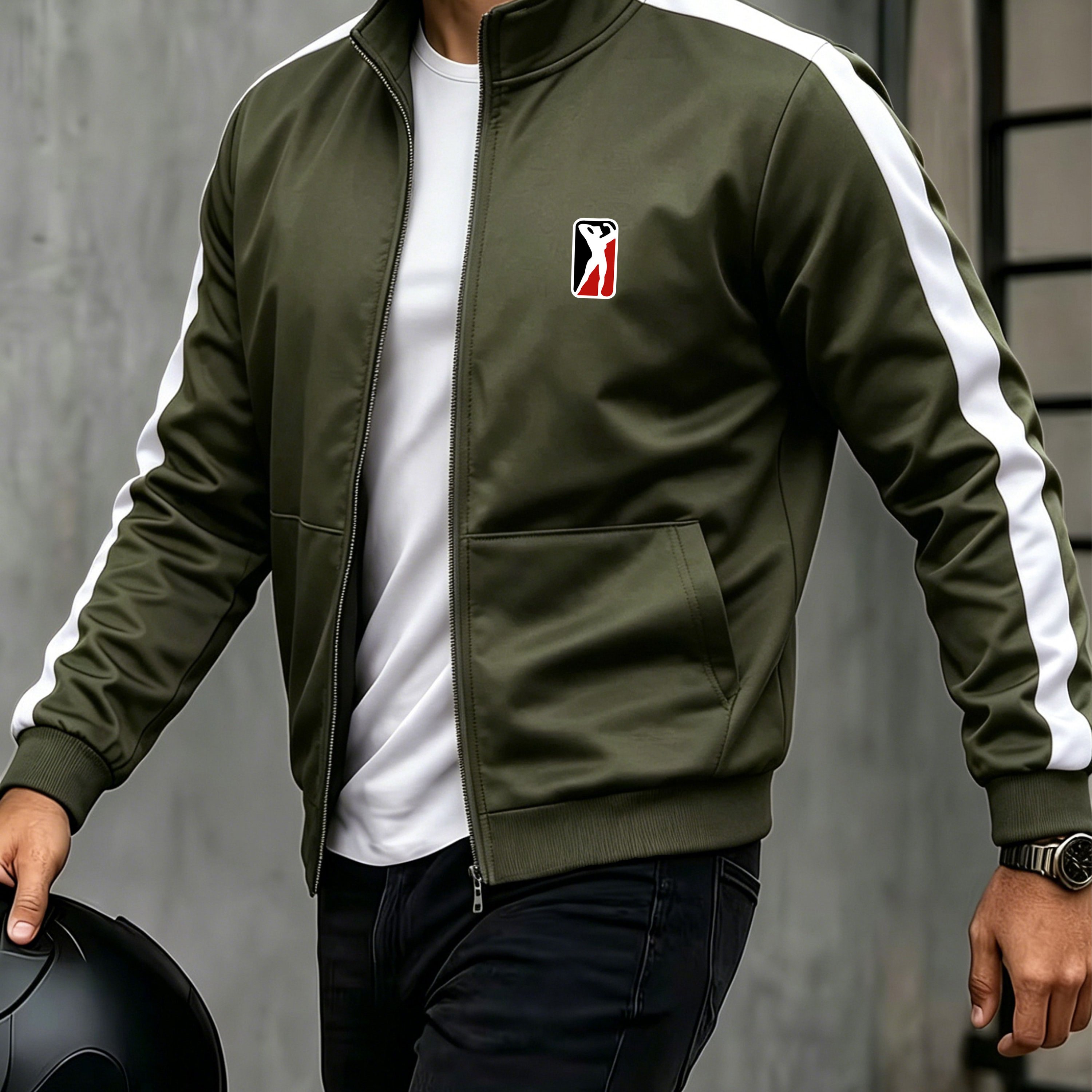 TEMU Spring/autumn Men's Collar Zip-up Casual Jacket, Contrast Striped Sleeve Design Adds Layering, Chest Athletic Figure And . Fabric Is Soft And