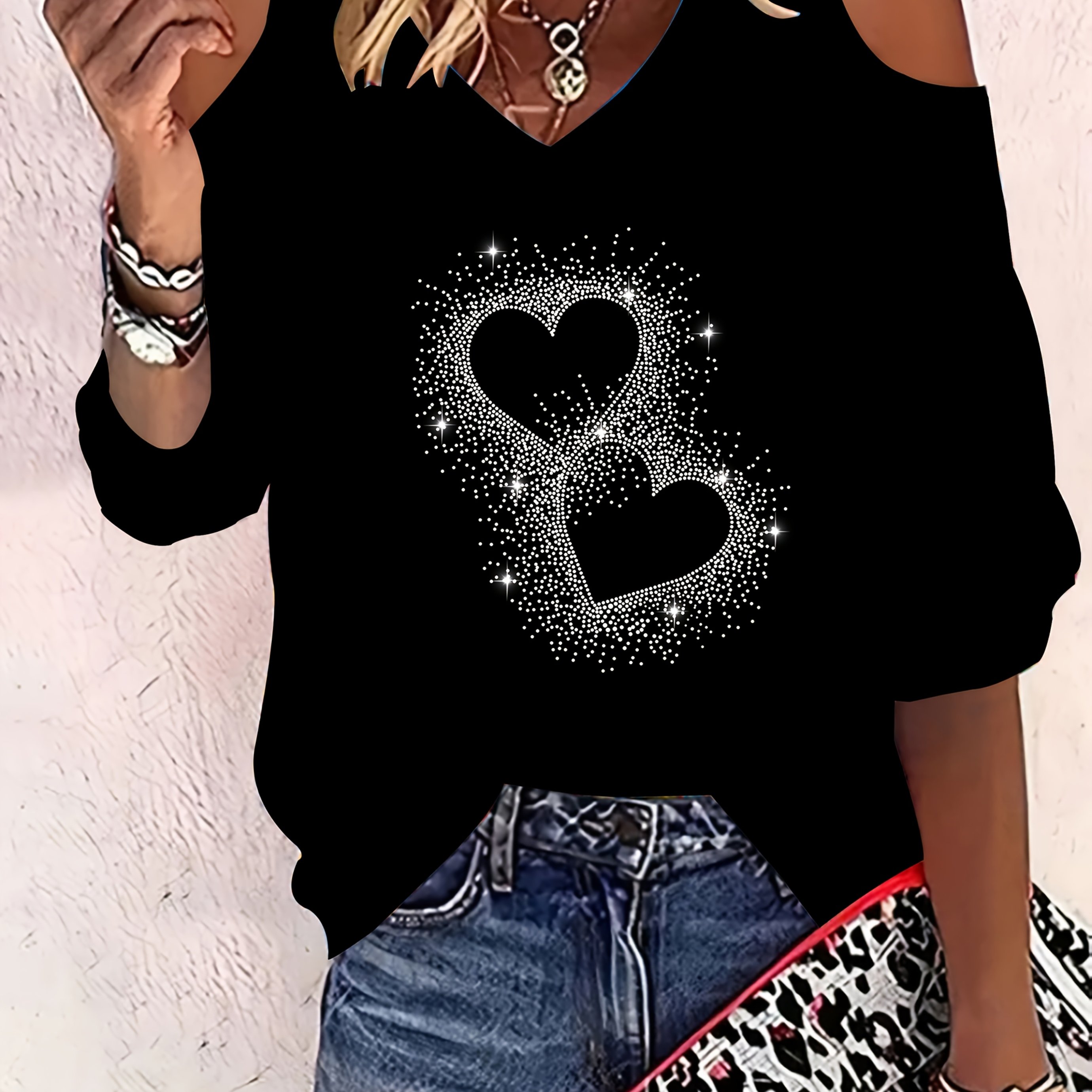 Image of Elegant Women's V-neck Rhinestone T-shirt, Fashion V-neck Off-shoulder Rhinestone Women's Top