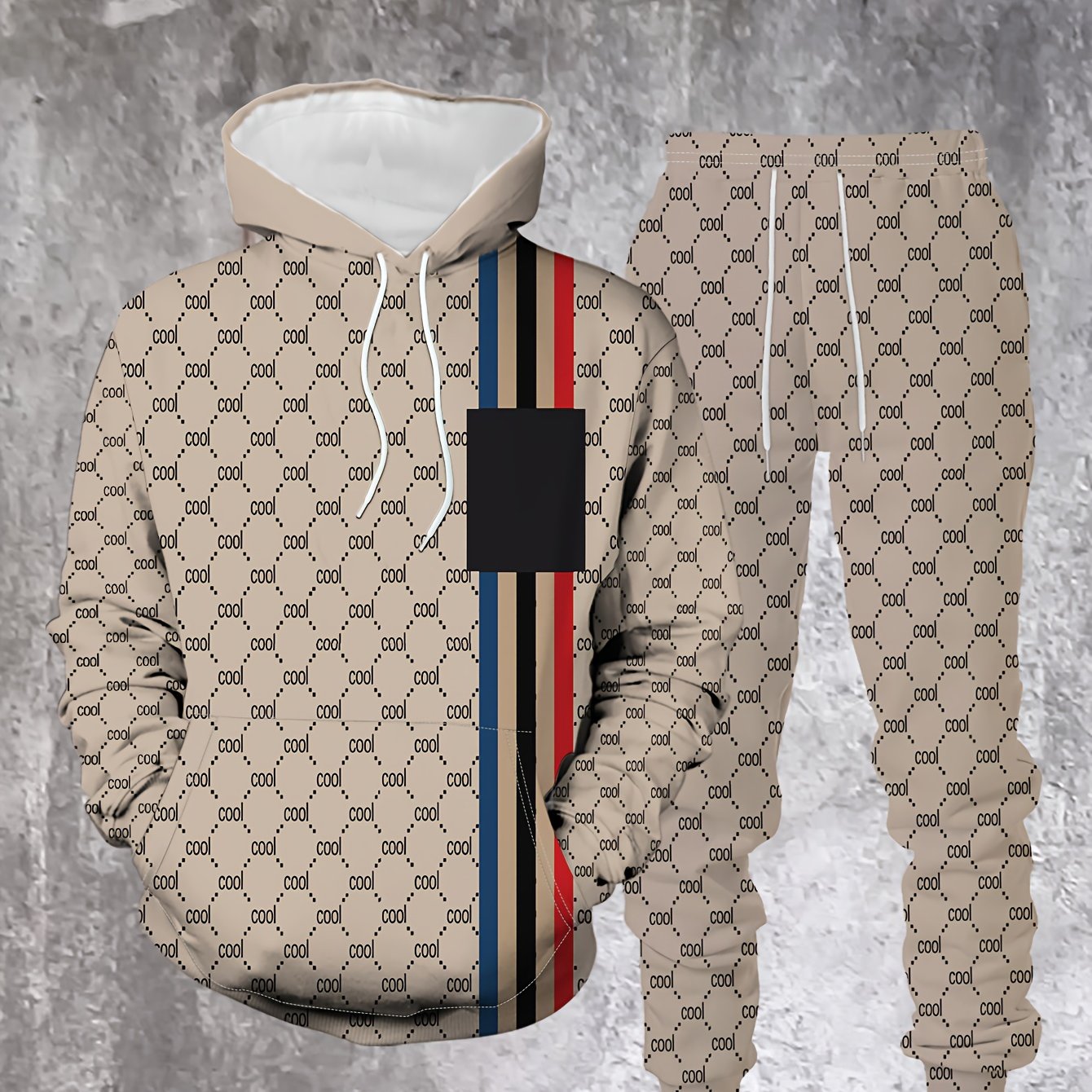 Image of 2pcss Hoodie Set Autumn And Winter 's 2pcss Fashion Casual Classic Men's Hoodie Polyester Pocket Striped Top Suitable For Street Outdoor Sports