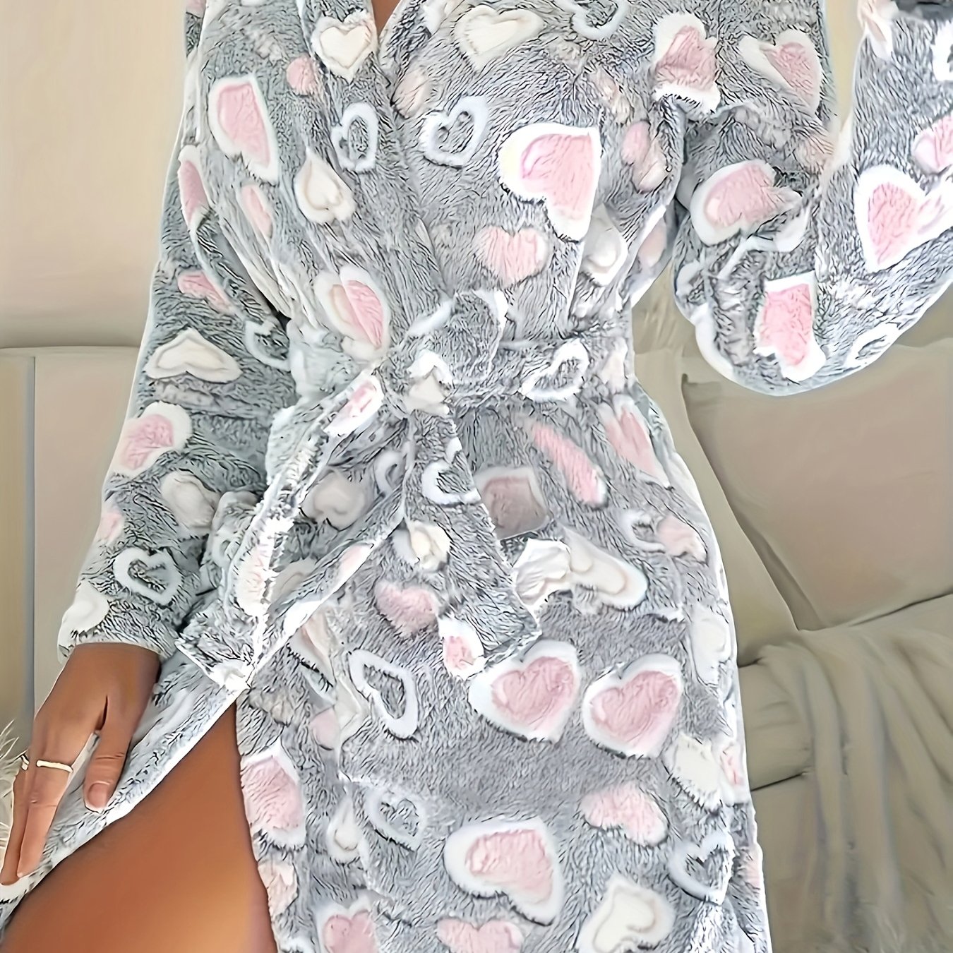 TEMU Elegante Damen Flanell Bademantel mit Herzdruck und Kordelzug, Erwachsenen Bademantel, Bequemes Nachthemd mit Kapuze für Herbst/Winter