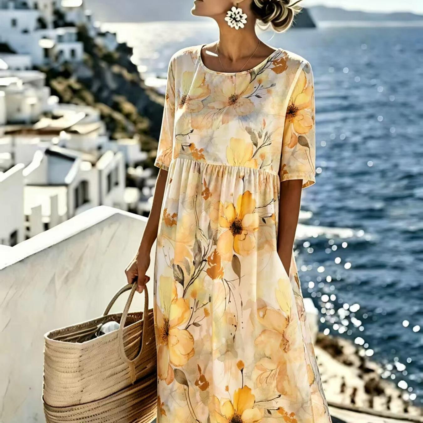 Image of Women's Summer Dress Floral Casual Resort Style Fashionable And Elegant Machine Washable Suitable For Daily And Commuting The For Gifts