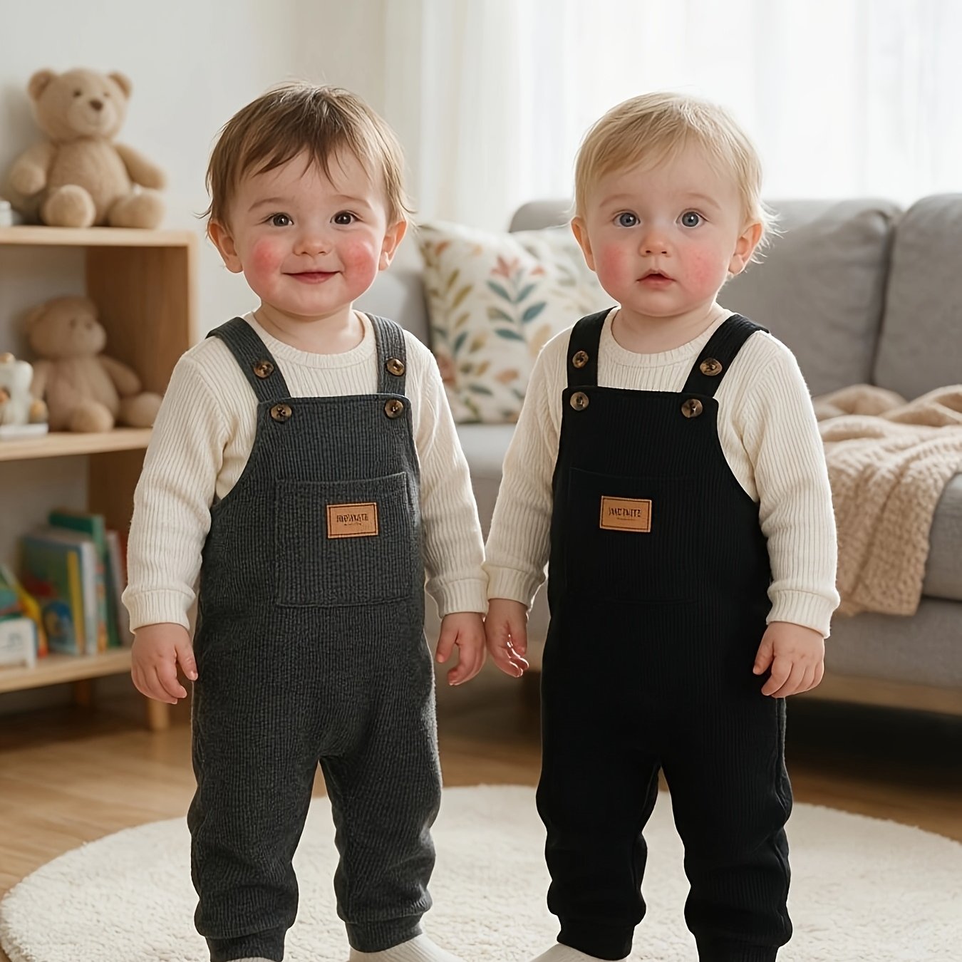 TEMU Kukitty 2pcs Infant Baby Boy Overalls Clothes Solid Color Pocket Suspender Pants Jumpsuit, For Outdoor