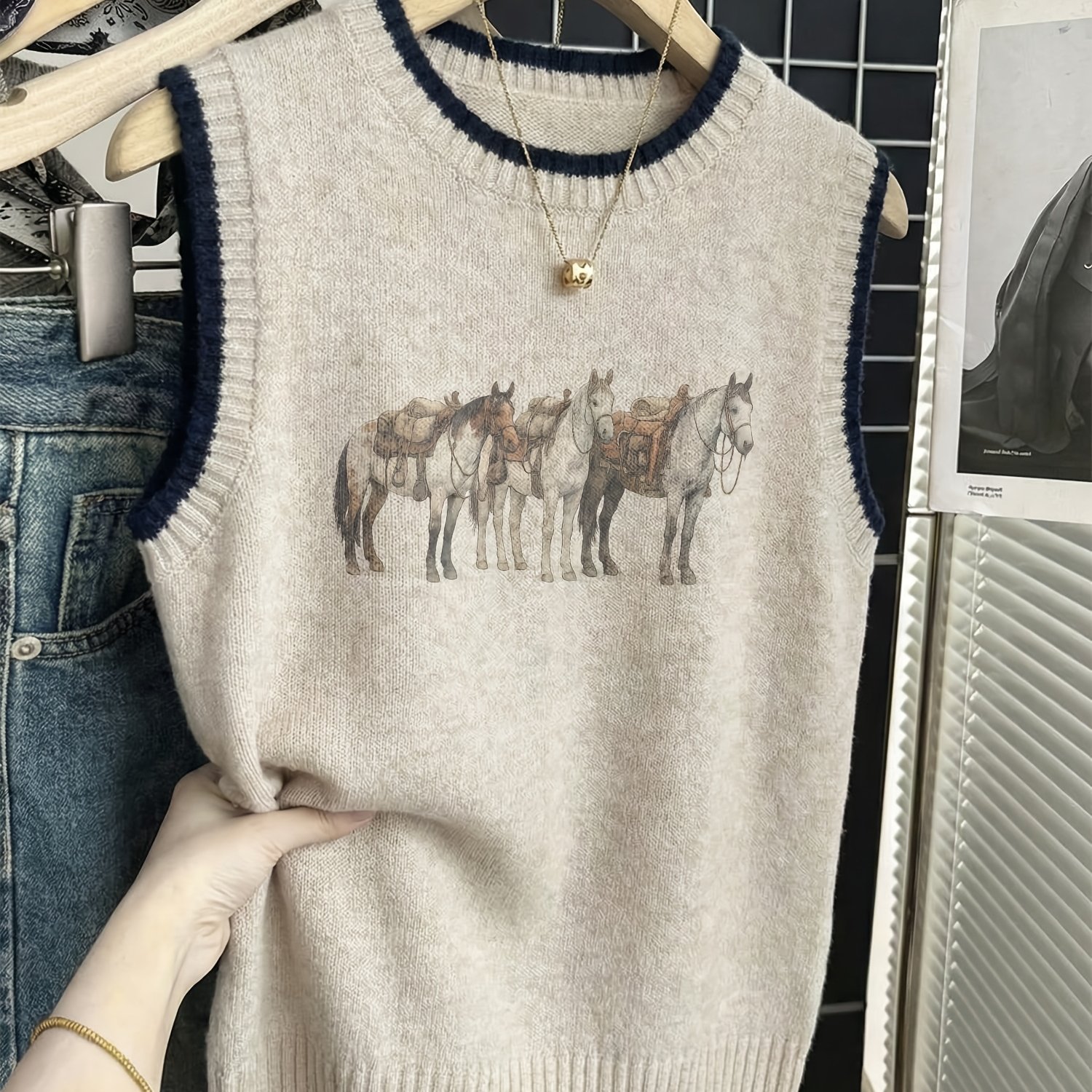 TEMU Ladies' Lightweight Vest | 2d Digital Printed Horse Pattern, Crew Neck, Fit, Breathable Fabric, Ideal For Spring And Summer