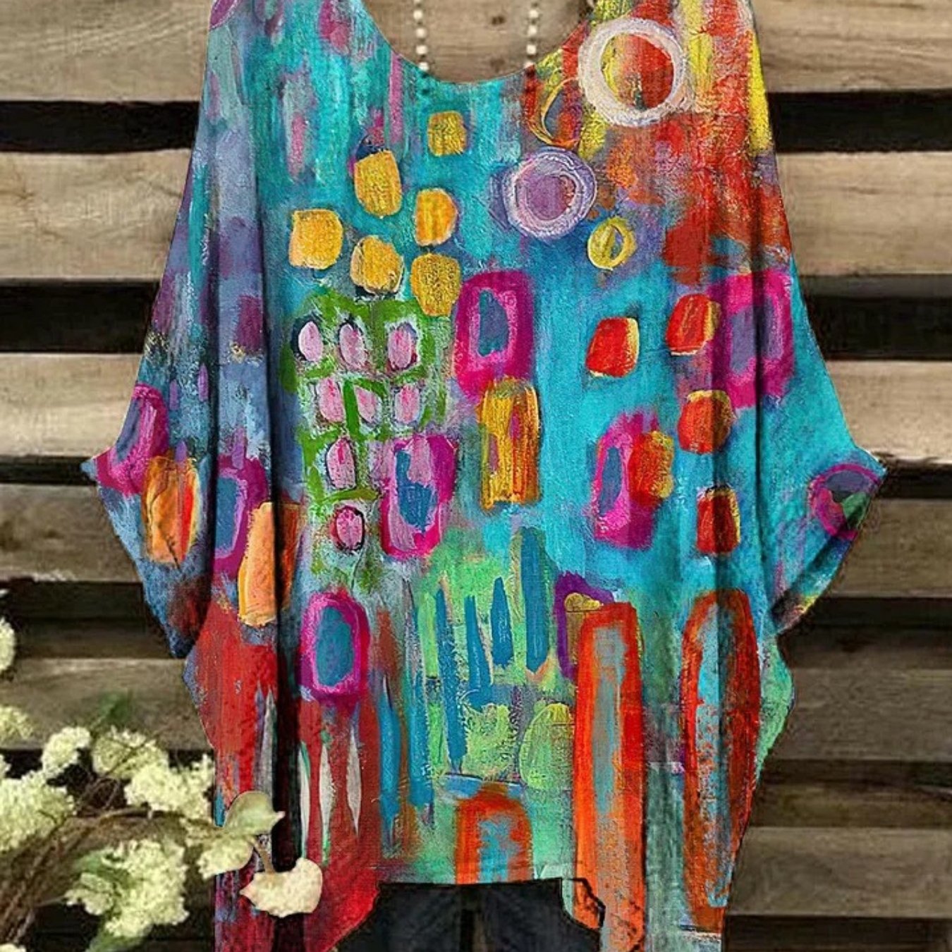 TEMU Plus Size - 0xl-9xl Plus Size Women's Top With Short Bat Sleeves, Round Neck, Regular Style, Elegant And Vintage, Colorful Graffiti Print,