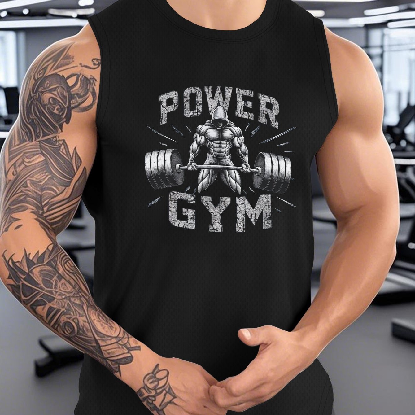 TEMU Men's Tank Top - Breathable, Comfortable Sleeveless Athletic Wear With Barbell And Bodybuilder Illustration, Summer Workouts, Gym Apparel |