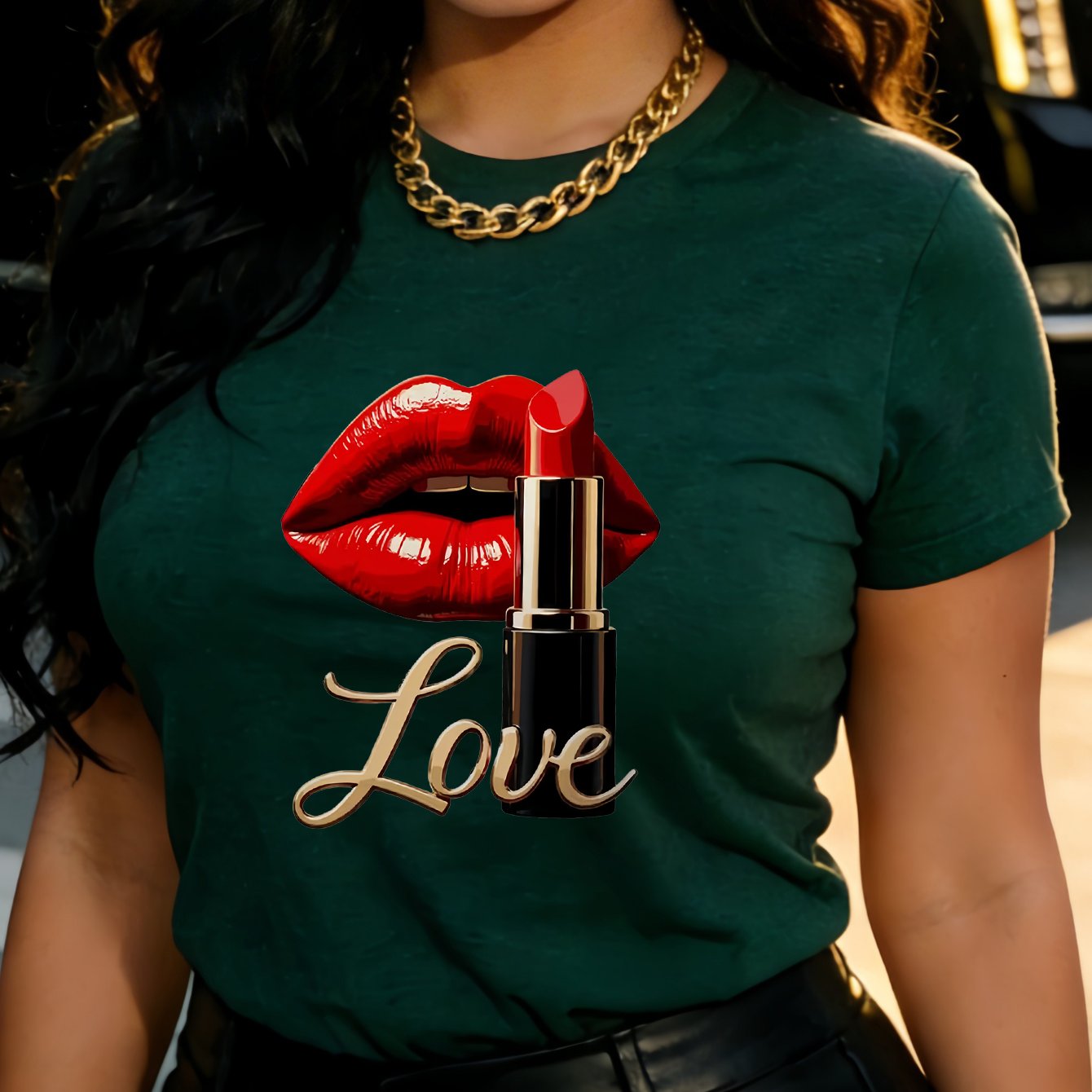 TEMU Women's Fashion Casual Round Neck Short Sleeve T-shirt With Red Lips Lipstick "love" Print Design, Stylish Outfit, Suitable For Daily Wear,