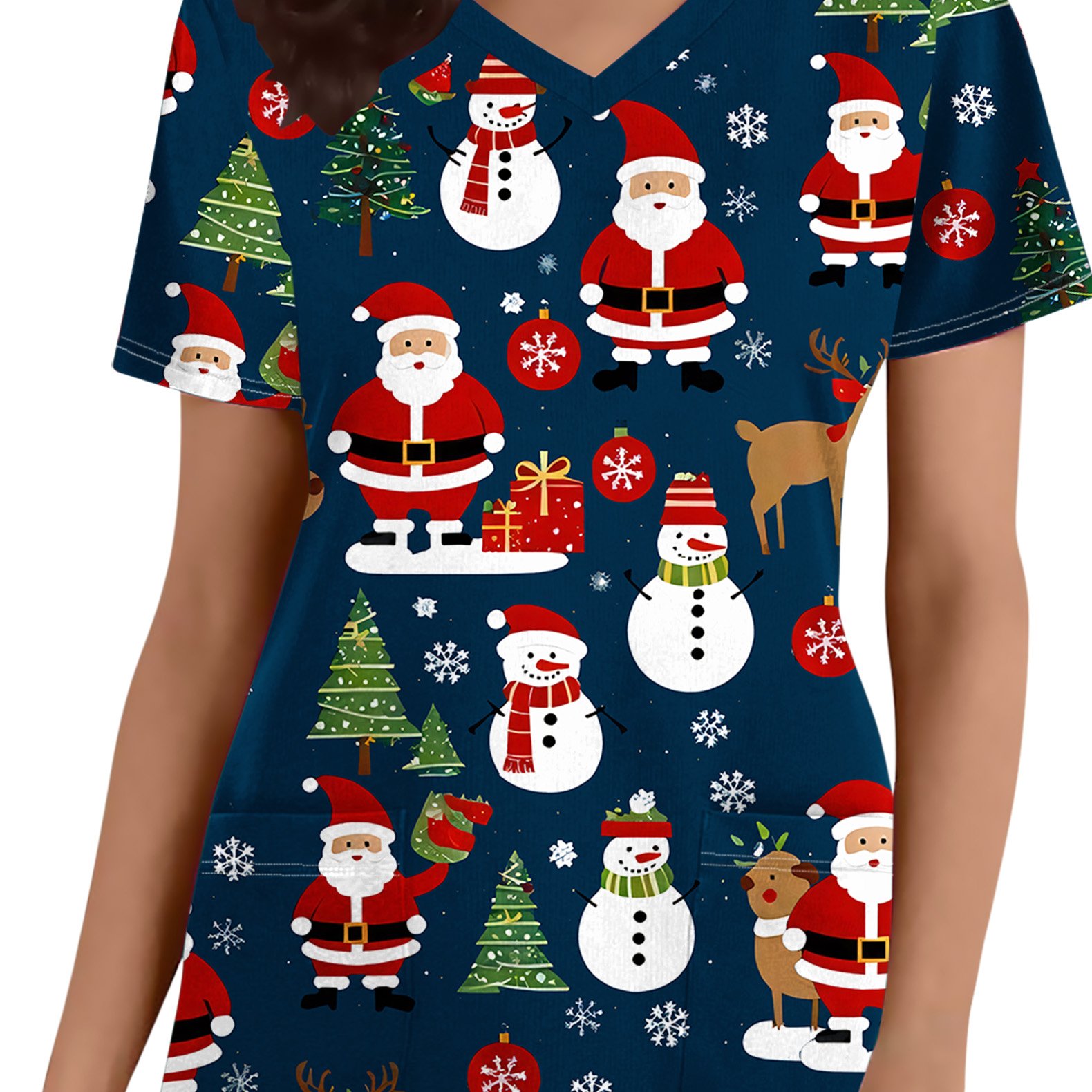 TEMU Christmas Ladies Standard Code Nurse Uniform, Santa Claus And Snowman Elk Pattern Print T-shirt, Christmas V-neck T-shirt With Pockets, Soft And