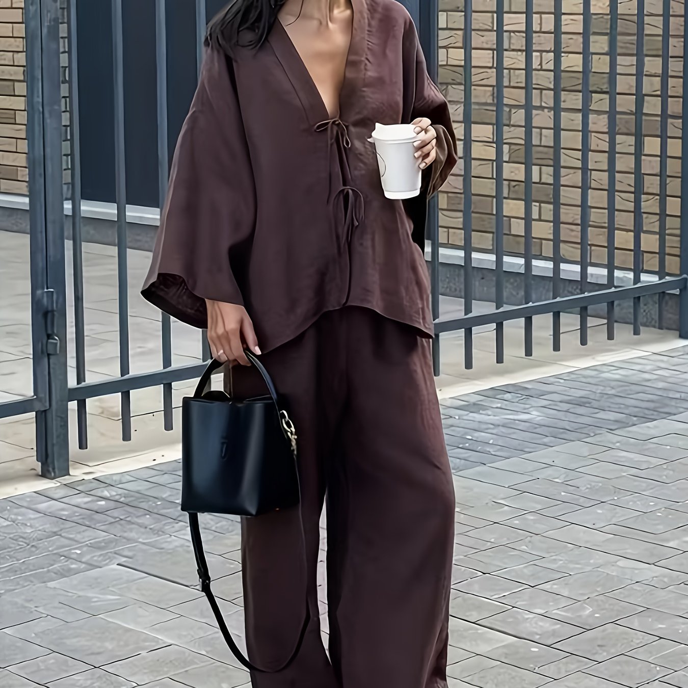 TEMU Wy1020041 New Autumn/winter Women's Fashionable Casual And Comfortable Three-quarter Sleeve V-neck Open Front Tie-front Top With Casual Wide-leg