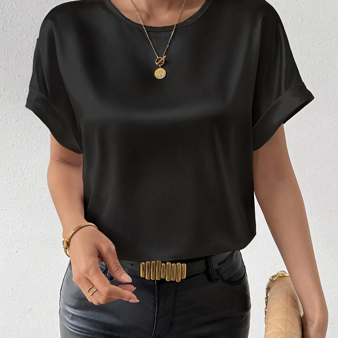 E-shop Elegantes Damen-Freizeitshirt für Frühling/Sommer, kurzärmelig, lockere Passform, einfarbig, mit Rundhalsausschnitt