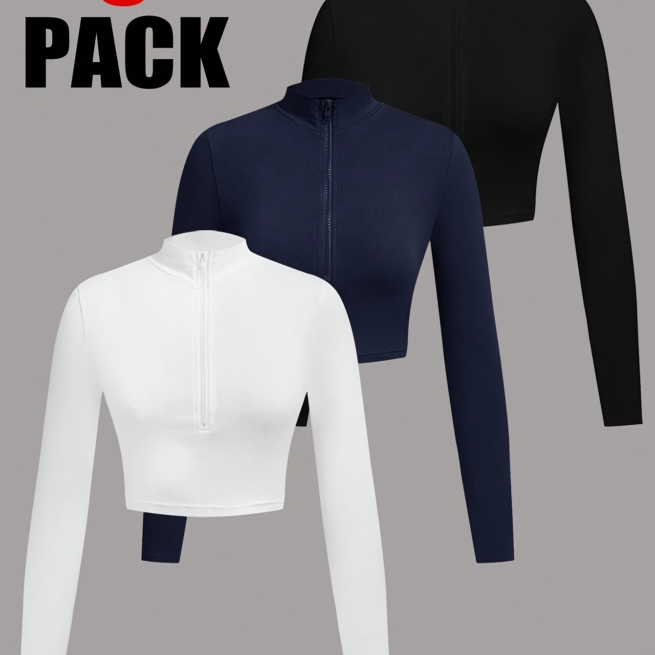 TEMU 3pcs Set, Solid Color Stand-collar Long Sleeve Short Jacket With Zipper, Spring/autumn Casual Athletic Top